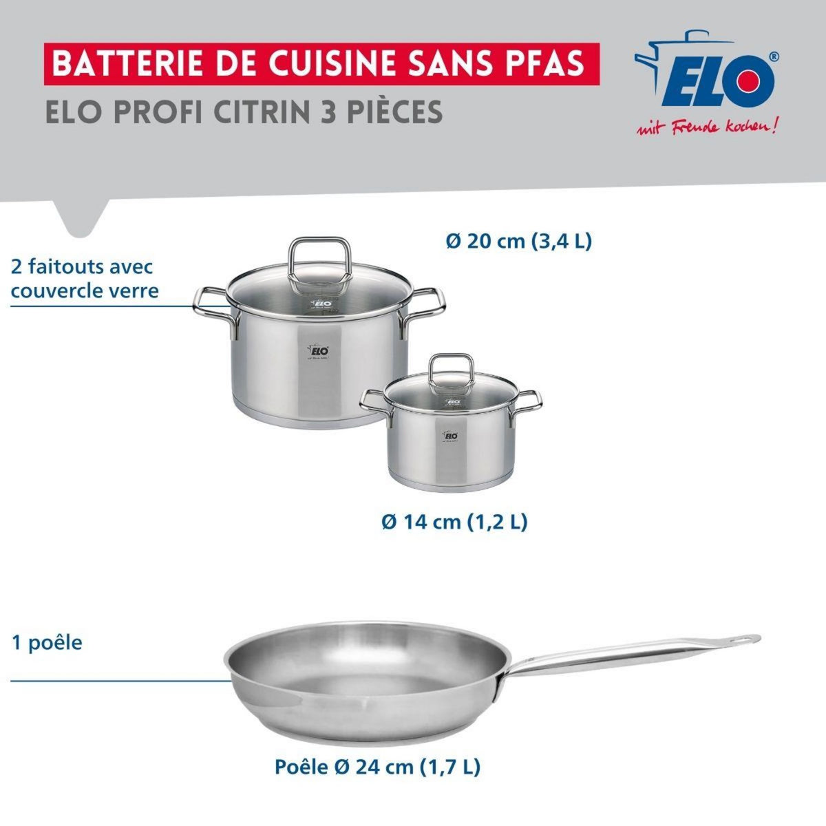 ELO Ensemble de 1 Poêle de cuisson 24 cm et 2 faitouts 14 et 20 cm Elo Profi Citrin