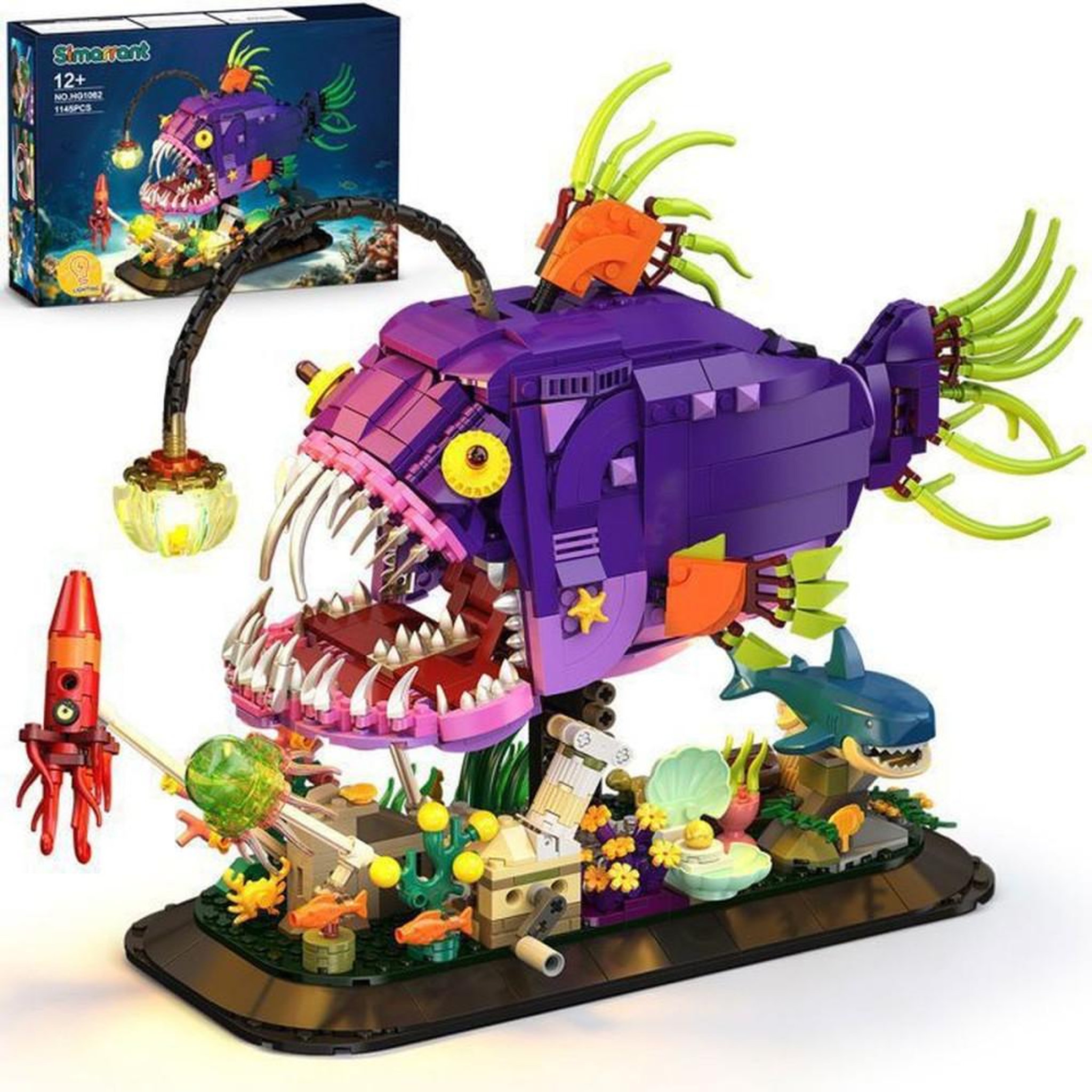 Ensemble de blocs de construction poisson-lanterne avec lumières et manivelle 1145 pièces, modèle animé du fond marin