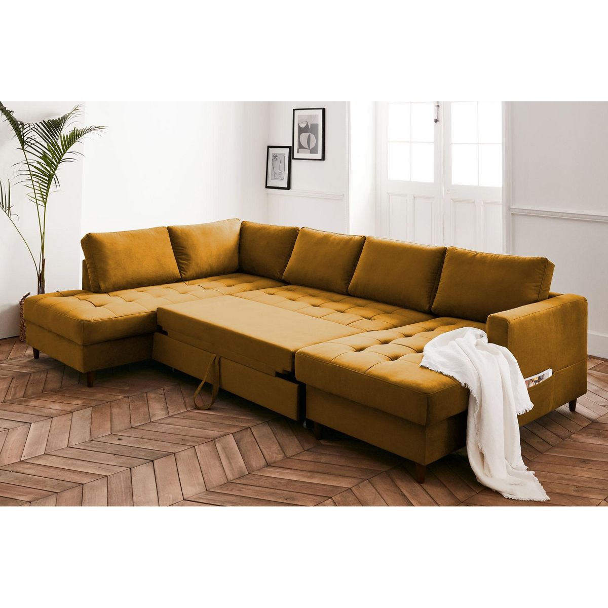 LISA DESIGN Anna - canapé panoramique d'angle gauche - 7 places - convertible avec coffre - en velours