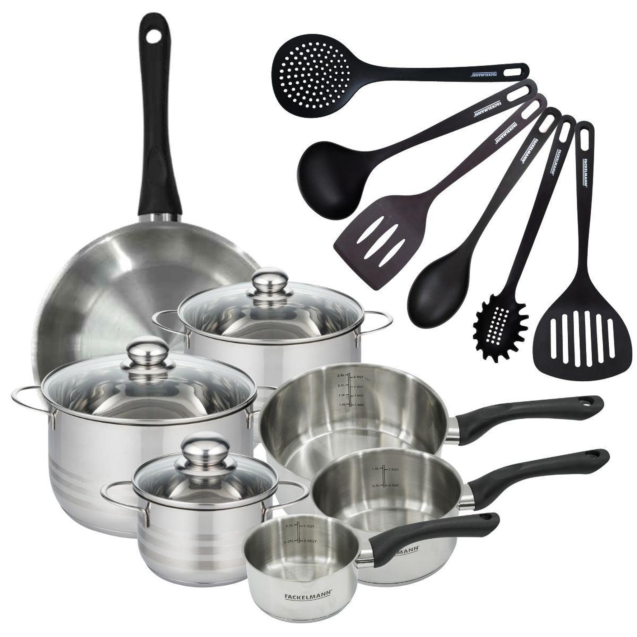 Fackelmann Batterie de cuisine 1 poêle 28 cm, 3 casseroles 12/16/20 cm, 3 faitouts 16/20/24 cm, 6 ustensiles fackelmann geneva