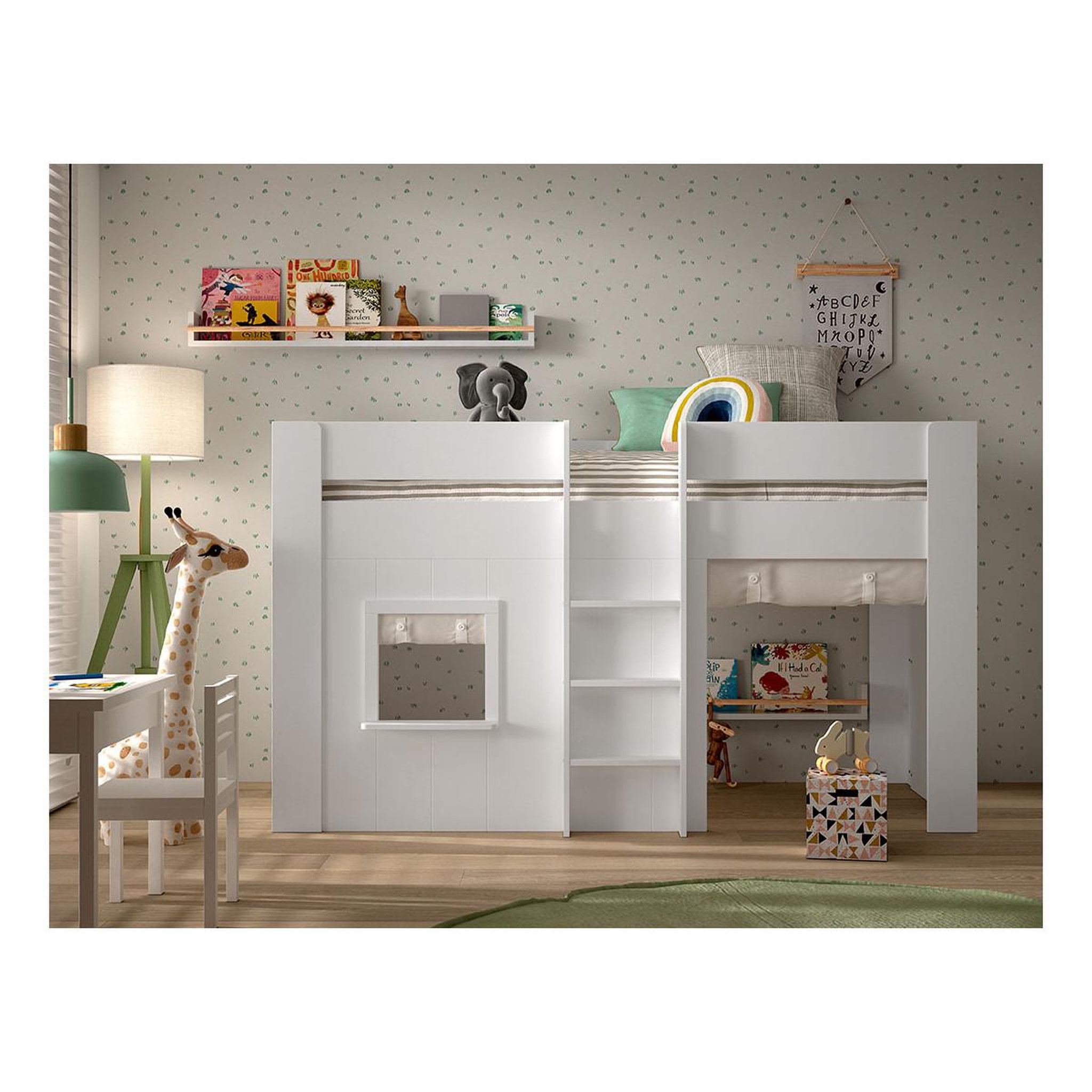 Voir la diapositive 5 : Paris Prix Lit cabane enfant & rideaux  reno  90x200cm blanc