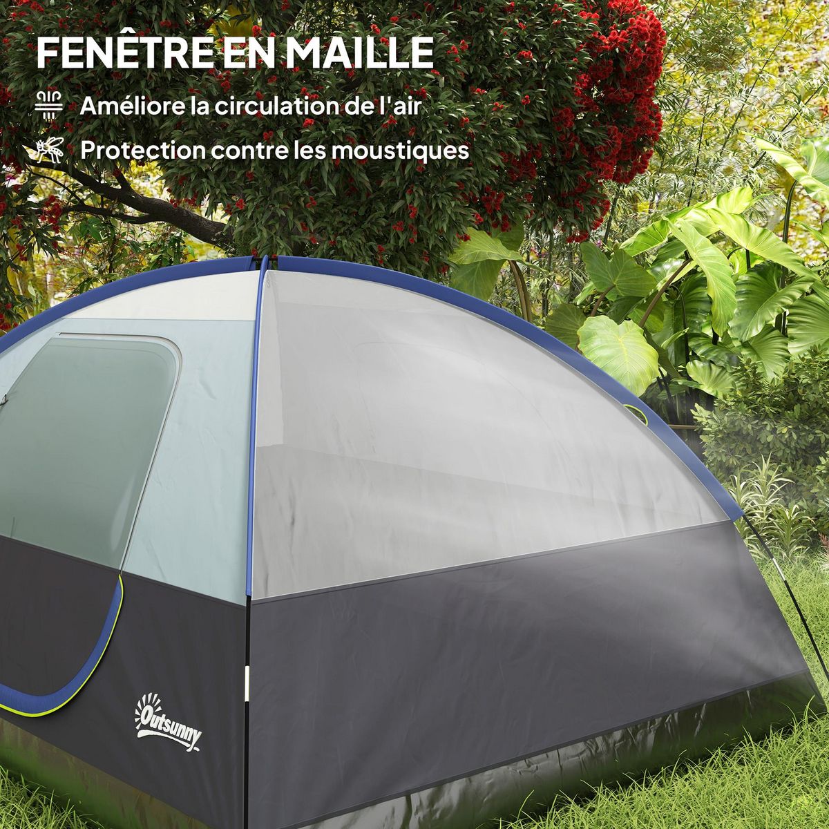 OUTSUNNY Tente de camping 2-4 personnes - fenêtre, 2 poches, port d'alimentation, sac de transport - bleu foncé