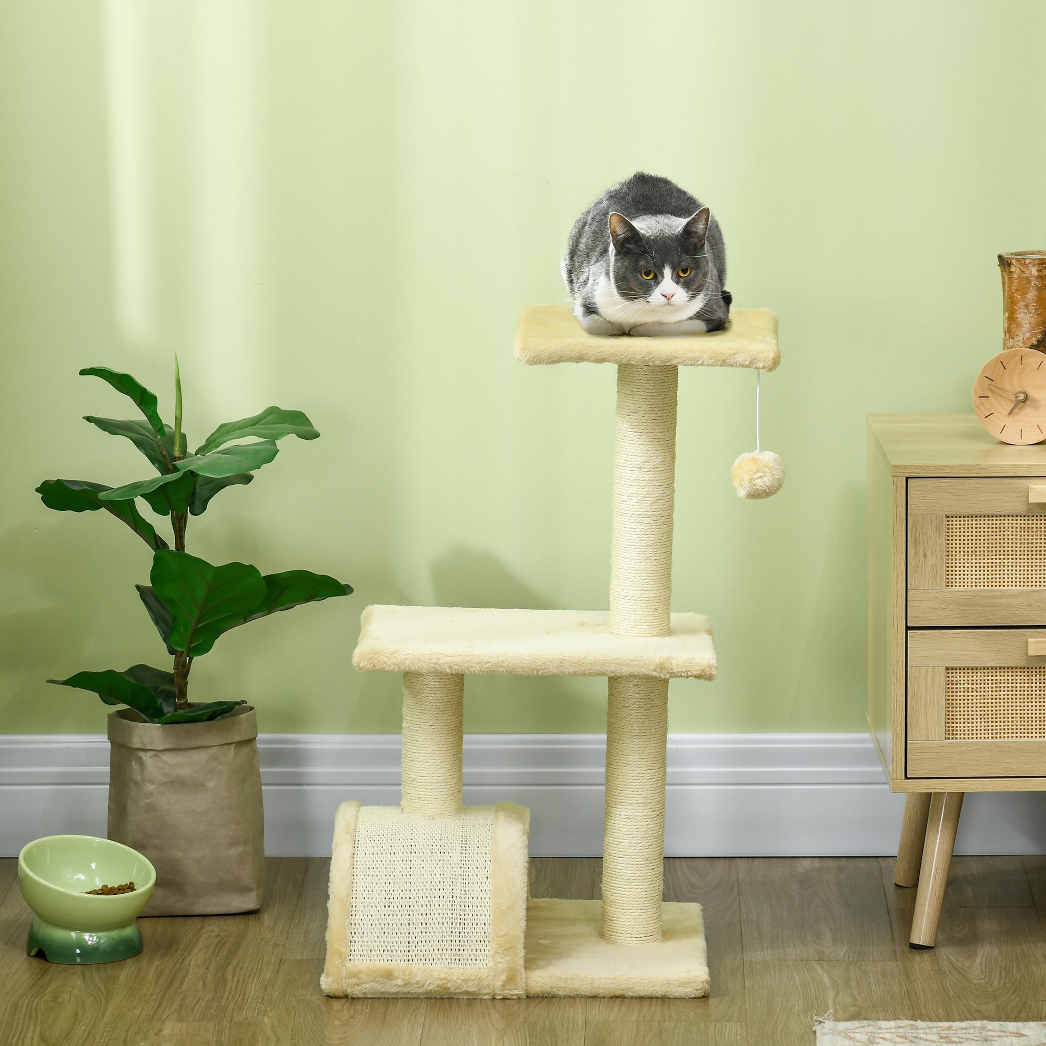 Voir la diapositive 3 : PAWHUT Arbre à chat griffoir grattoir design jeu boule suspendue 2 plateformes peluche sisal naturel crème