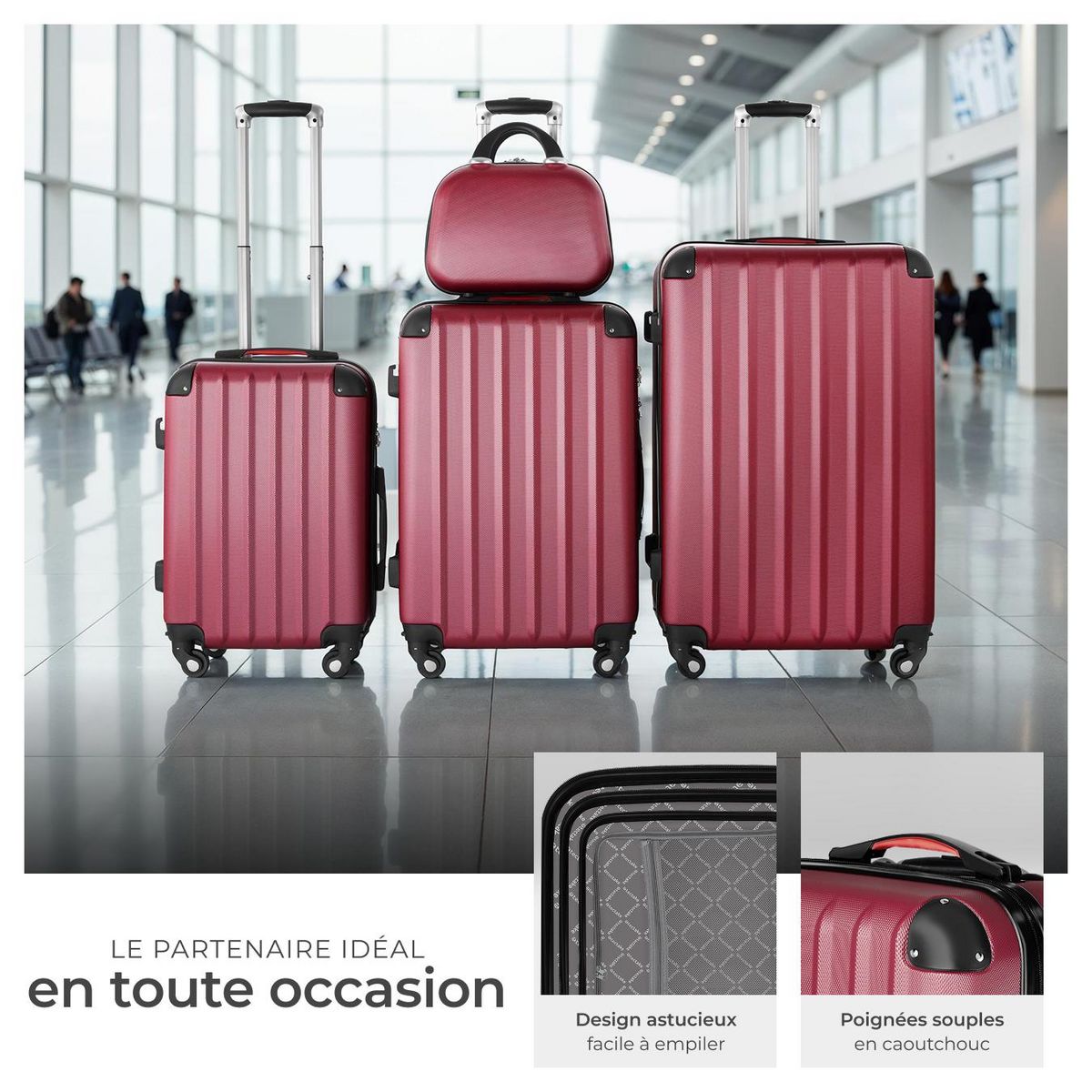 tectake Set de valises trolley rigides 4 pièces, 3 trolleys et une trousse de beauté en plastique ABS robuste rouge bordeaux