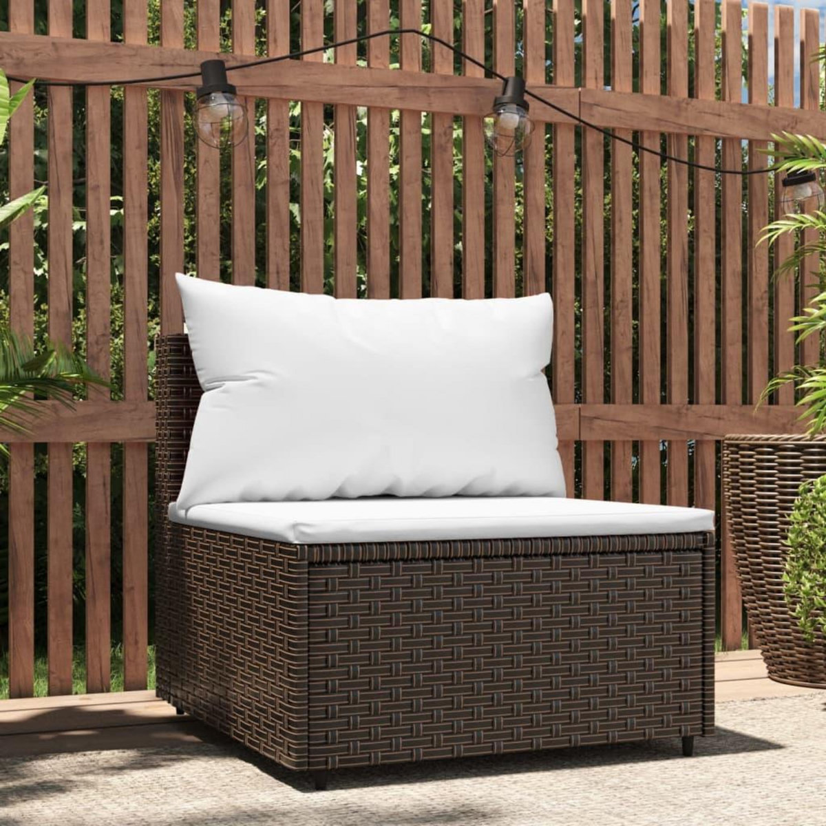 VIDAXL Canape central de jardin avec coussins marron resine tressee
