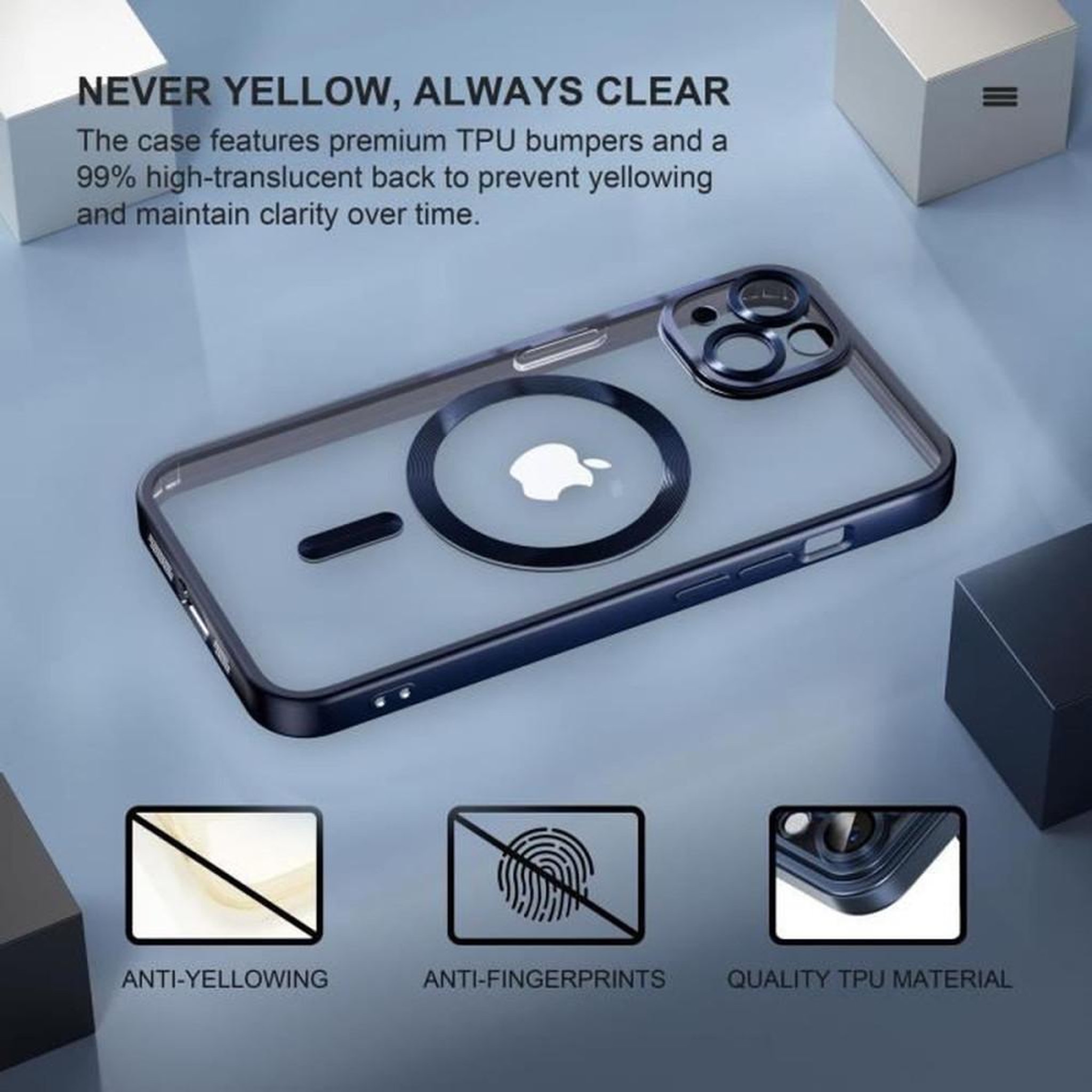 Voir la diapositive 3 : Coque TPU bumper magnétique iPhone 15 transparente bleue, anti-choc anti-jaunissement