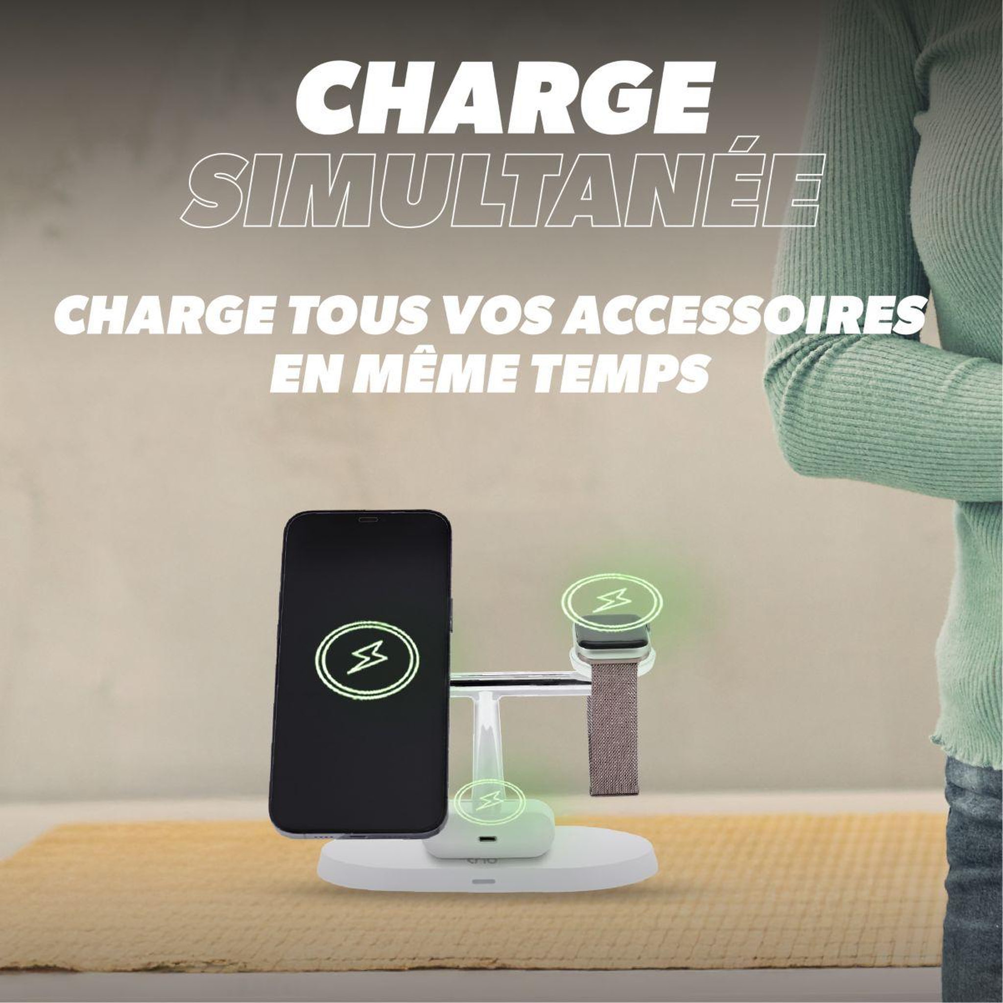 Voir la diapositive 5 : TNB Chargeur station de charge sans fil 3 en 1 blanc