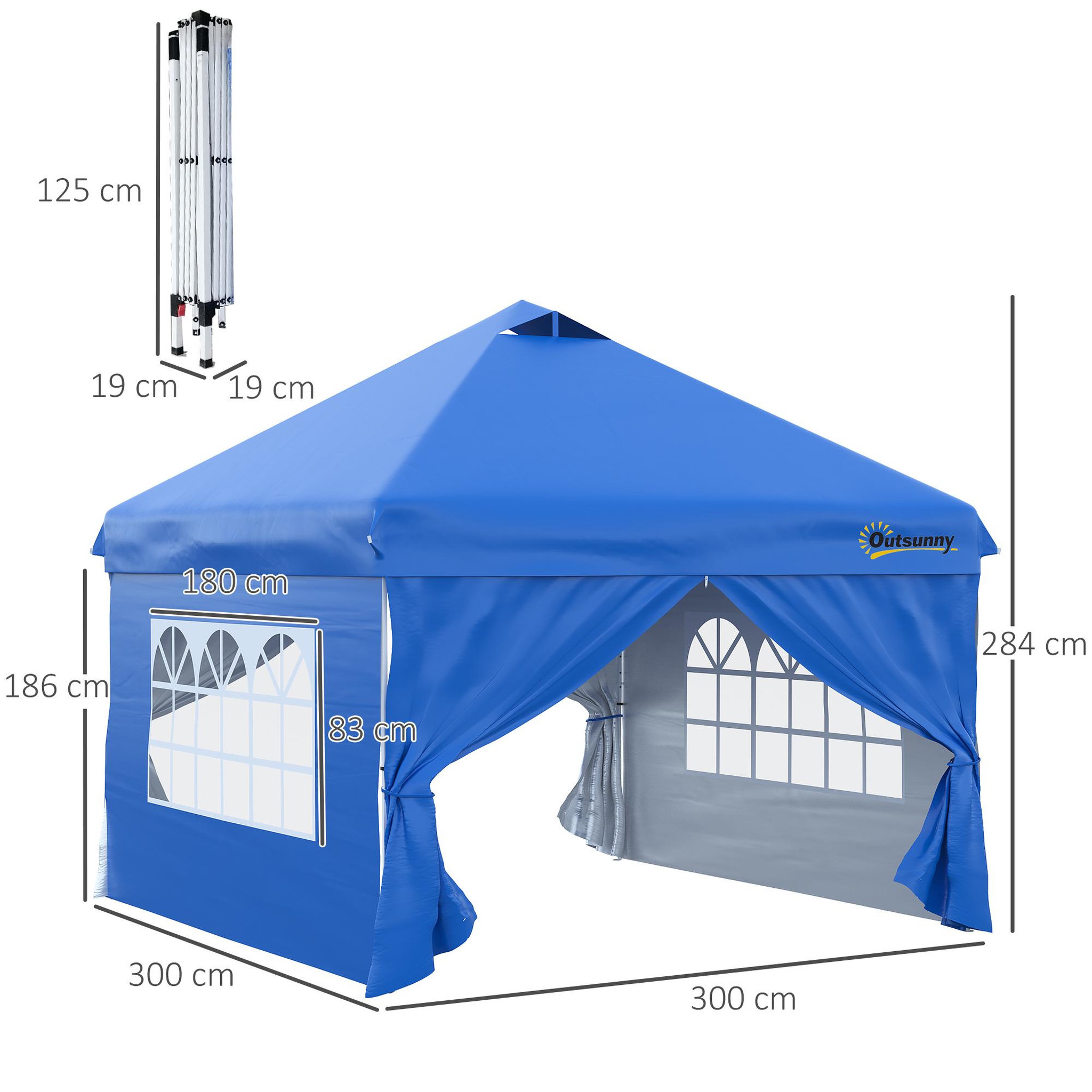Voir la diapositive 3 : OUTSUNNY Tonnelle barnum pliant pop-up 3L x 3l x 2,84H m 4 parois latérales amovibles 2 fenêtres + sac de transport métal Oxford bleu