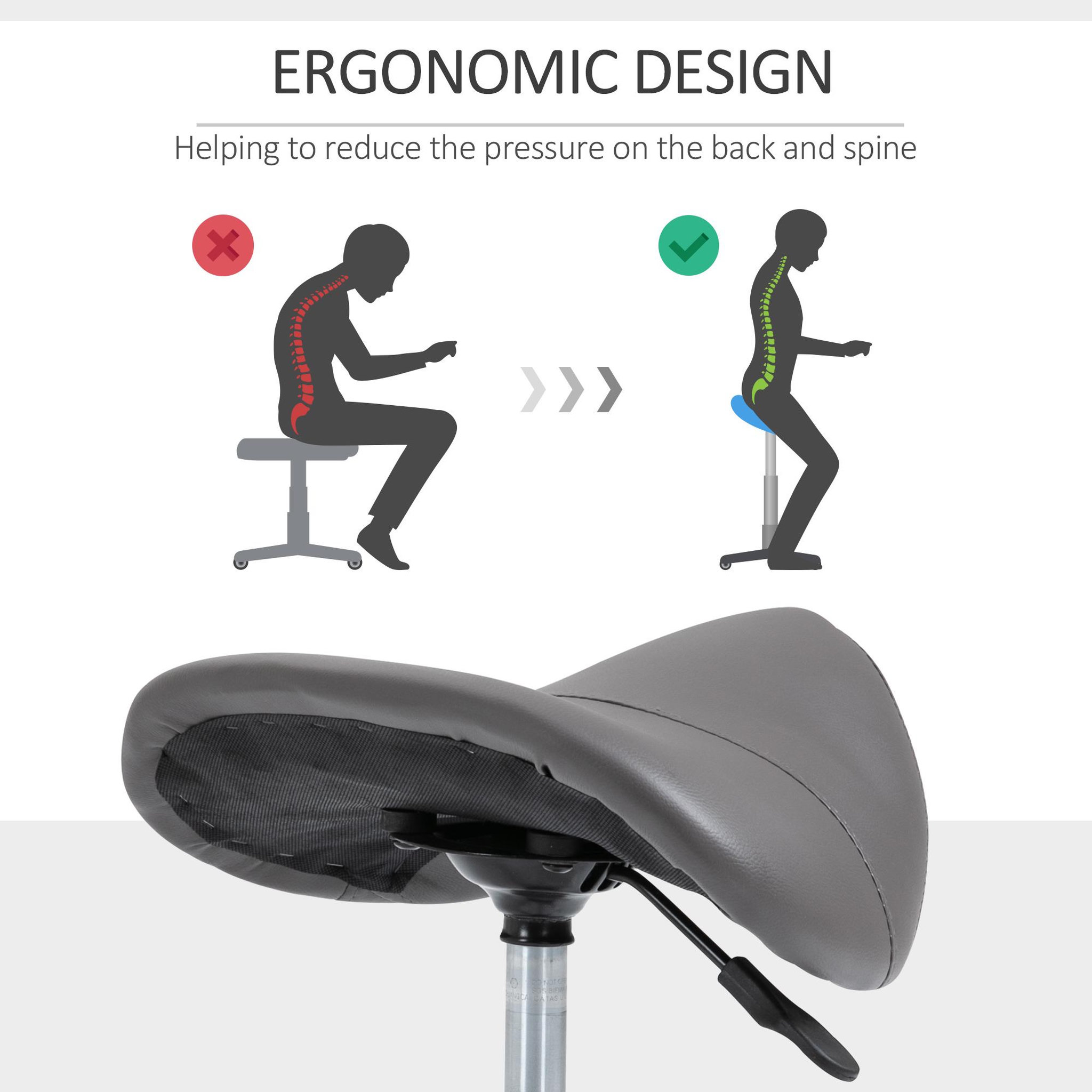 Voir la diapositive 6 : HOMCOM HOMCOM Tabouret de massage tabouret selle ergonomique pivotant 360° hauteur réglable revêtement synthétique gris chromé