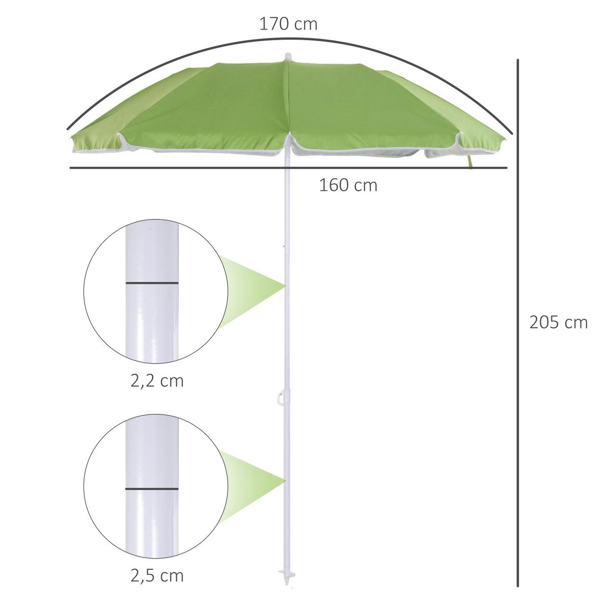 OUTSUNNY Parasol inclinable octogonal de plage Ø 150 cm tissu polyester haute densité anti-UV mât démontable sac de transport inclus vert
