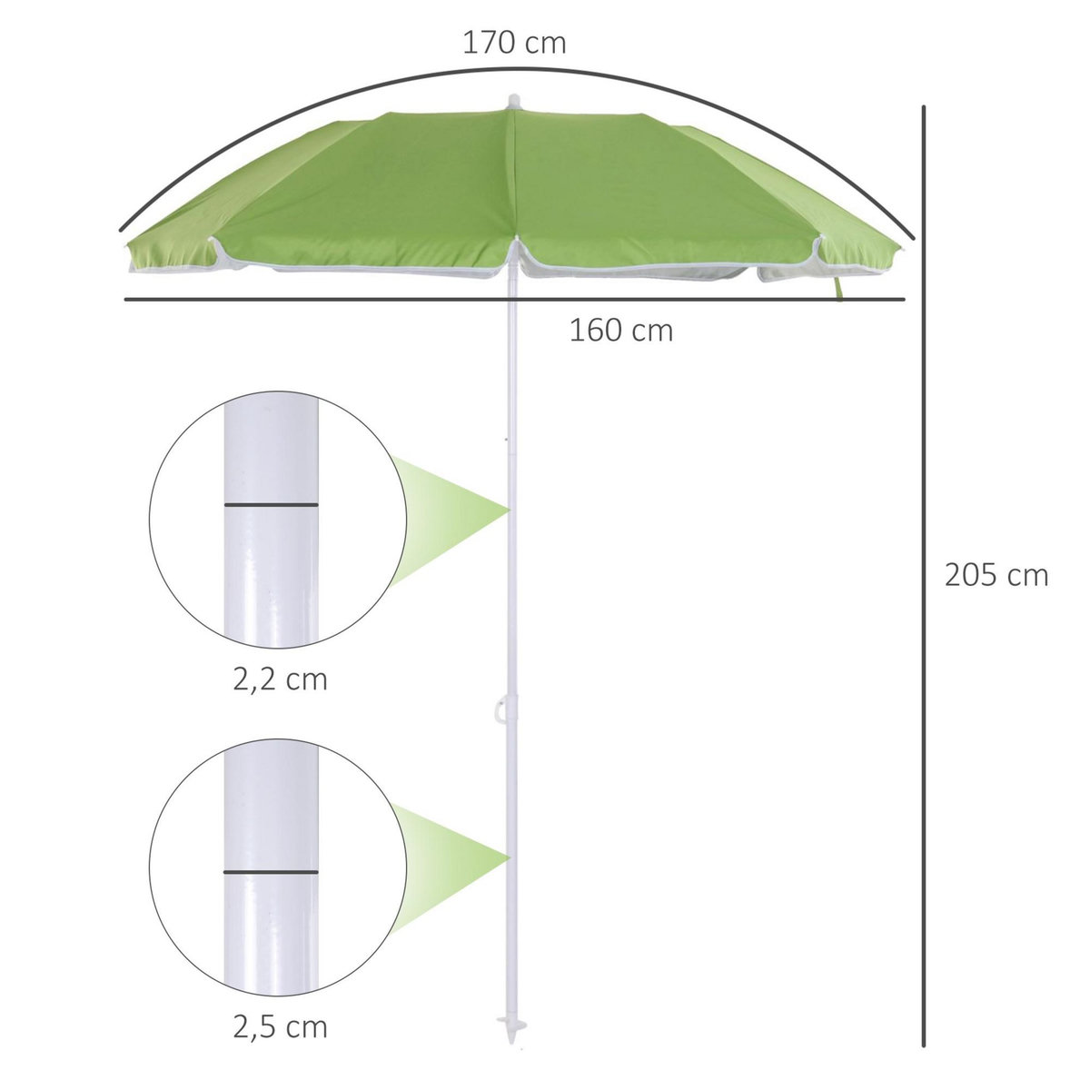 OUTSUNNY Parasol inclinable octogonal de plage Ø 150 cm tissu polyester haute densité anti-UV mât démontable sac de transport inclus vert