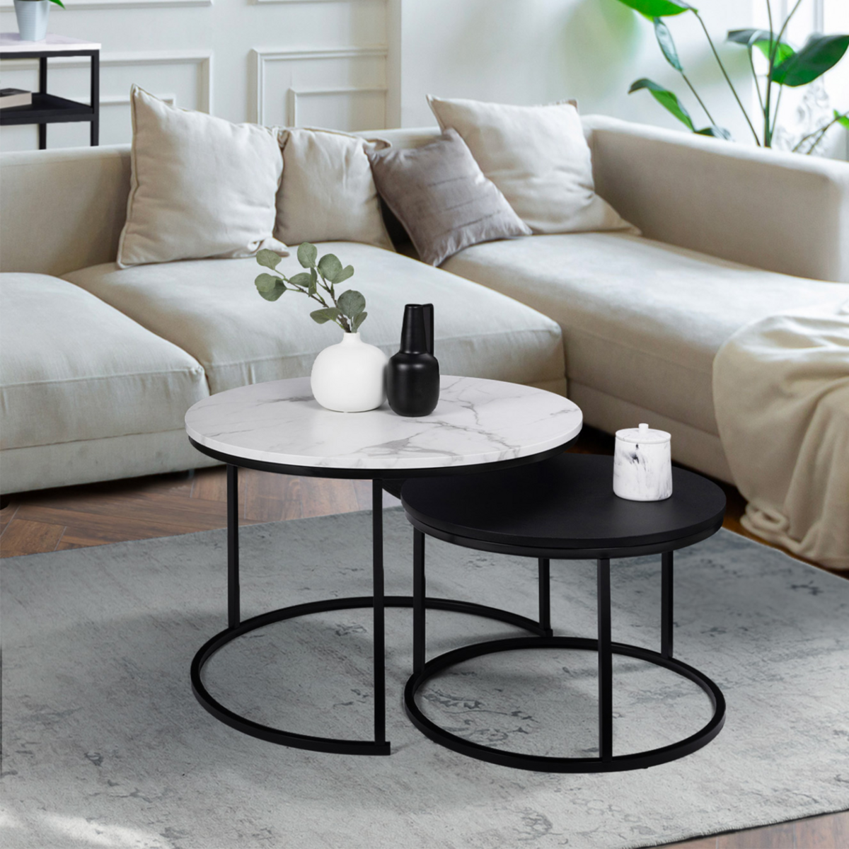 ID MARKET Lot de 2 tables basses gigognes ALASKA rondes 54/70 effet marbre et noir pieds métal