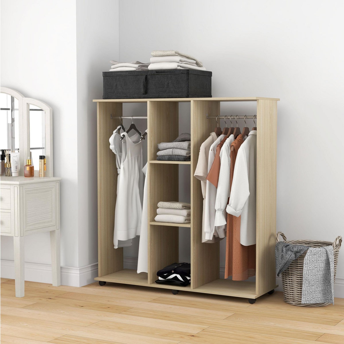 HOMCOM Armoire penderie meuble de rangement mobile 6 roulettes 120L x 40l x 128H cm panneaux de particules aspect bois chêne