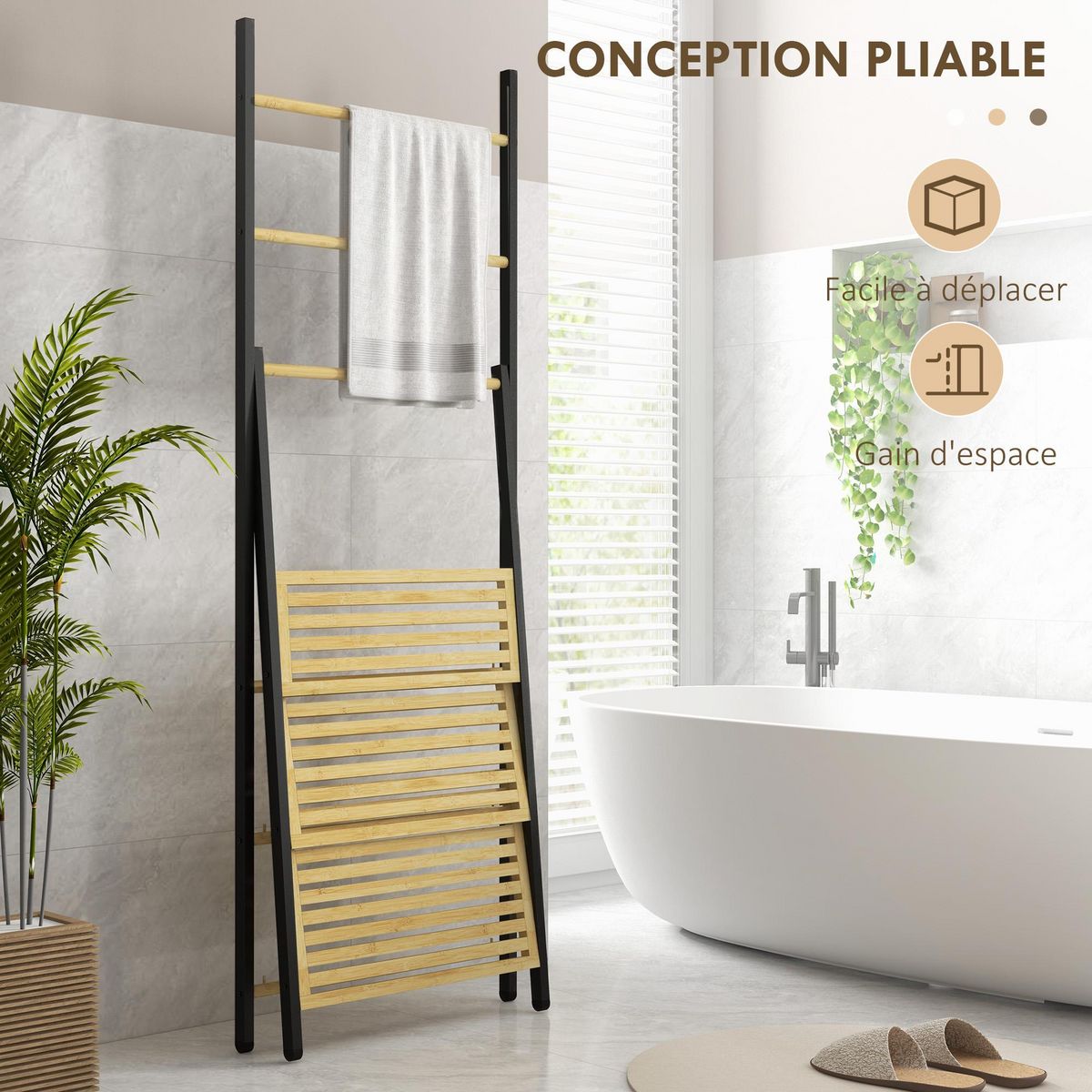 HOMCOM Porte-serviettes pliable 3 barres de suspension et 3 étagères en bambou pour salle de bains, structure métal noir