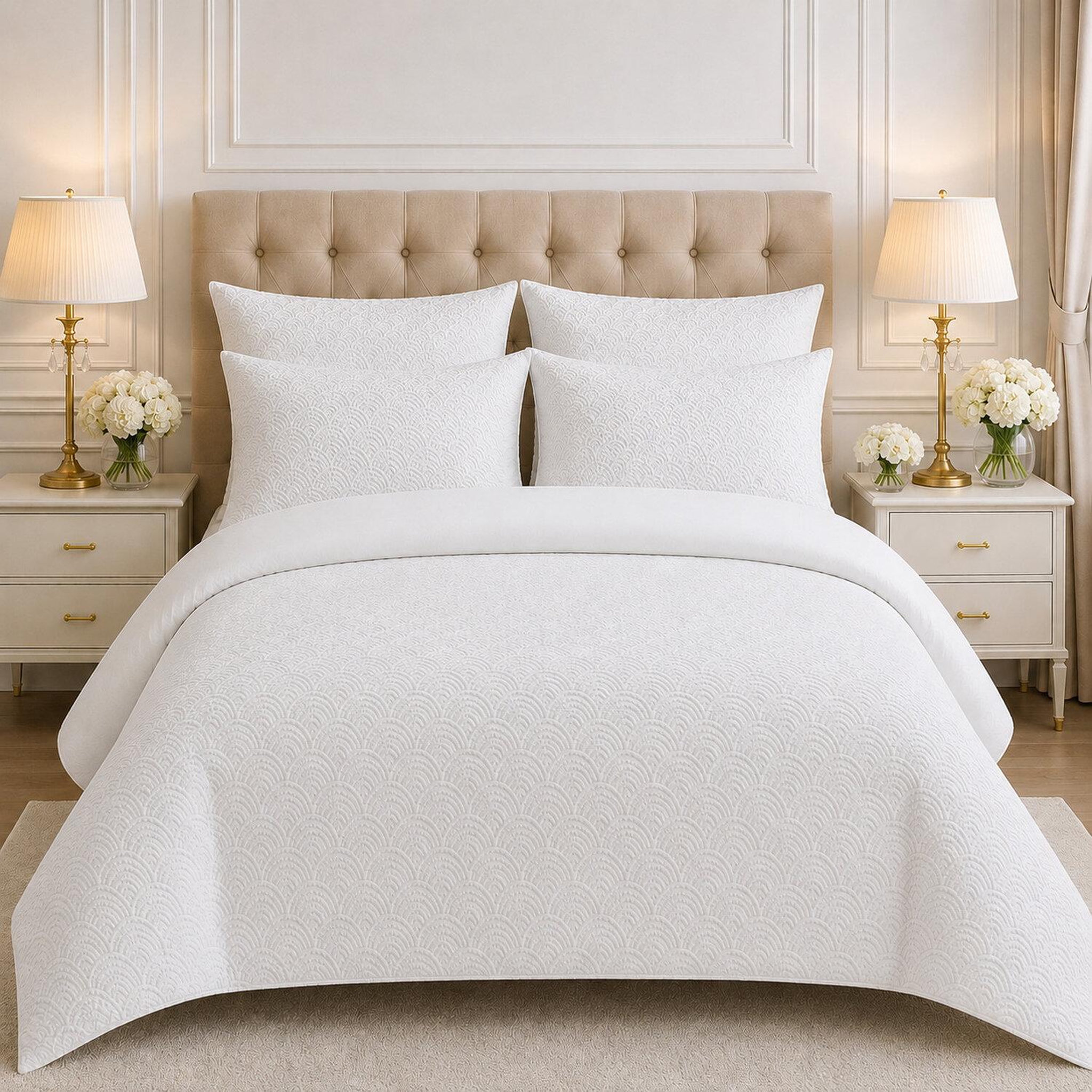 Voir la diapositive 1 : Les Ateliers du Linge Parure tila – microfibre jacquard art déco n°6 blanche
