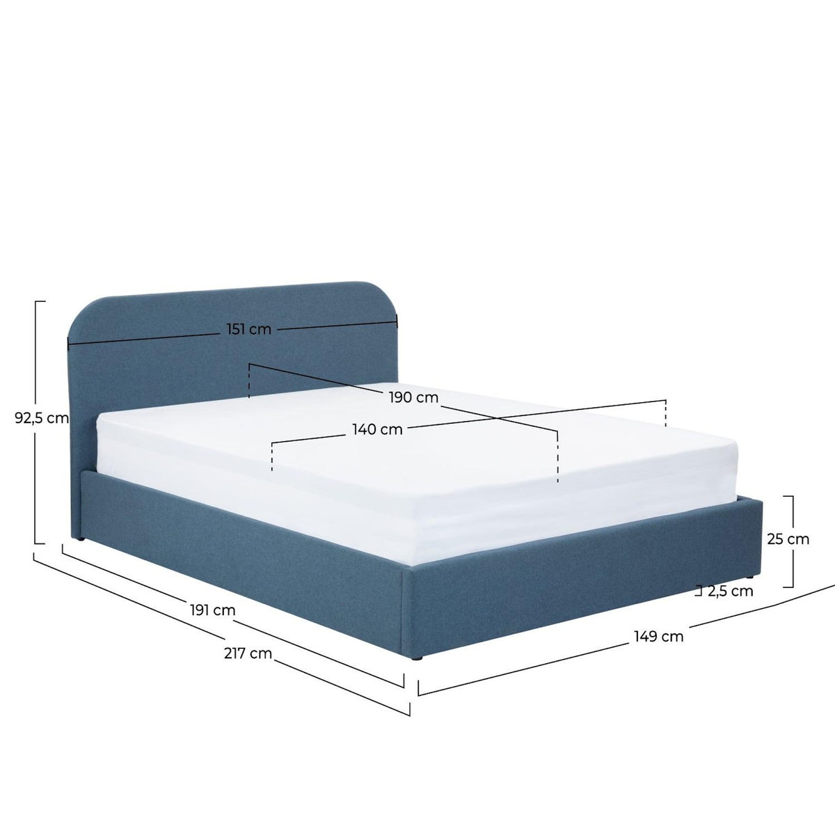 Rendez vous déco Lit double avec coffre 140x190 cm en tissu bleu-Tilly