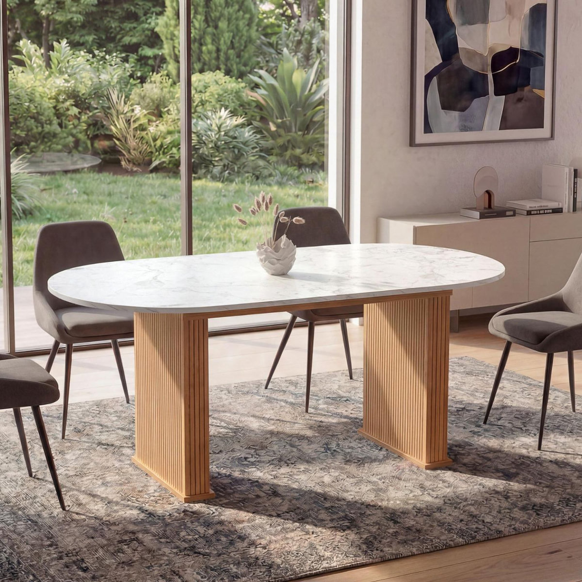 ID MARKET Table à manger extensible ovale JULIETTE 6-10 personnes pieds effet lattes et plateau effet marbre ALASKA 160-200 cm