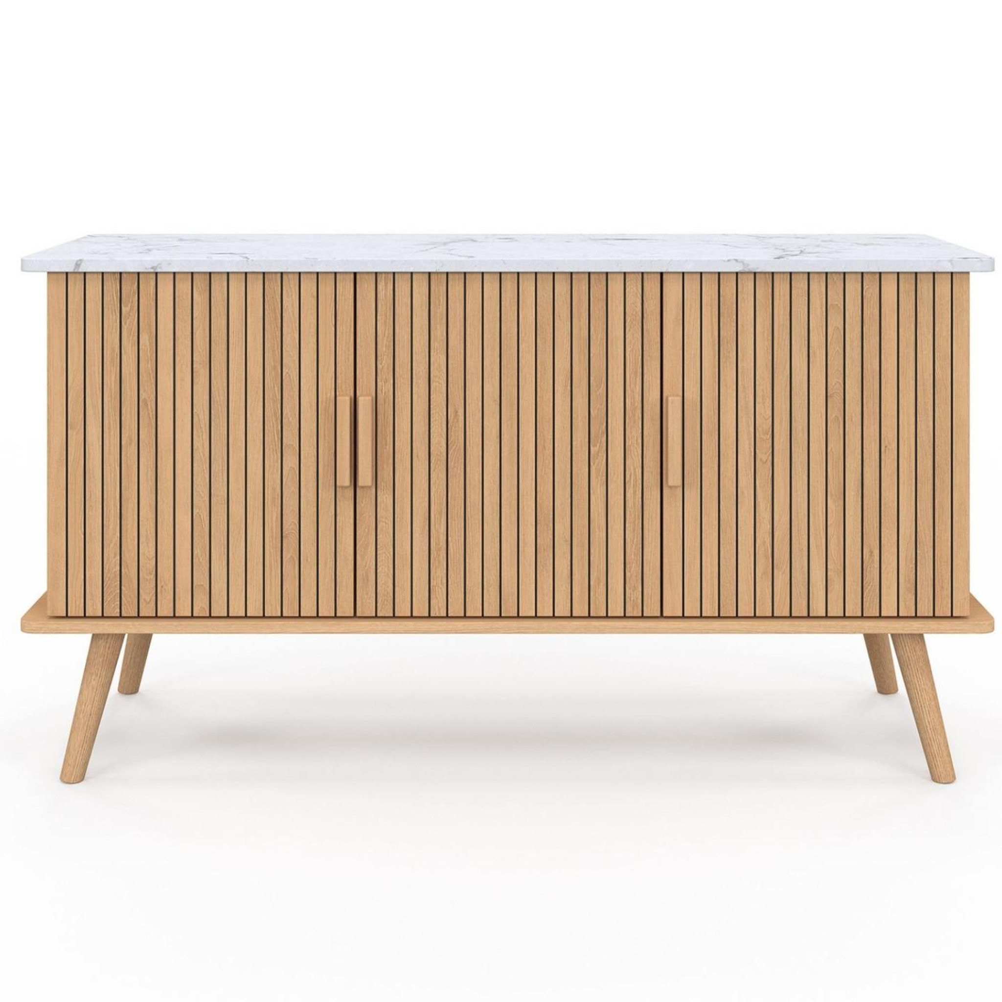 Voir la diapositive 3 : ID MARKET Buffet 110 cm juliette plateau effet marbre 3 portes lattes tasseau bois coloris chêne