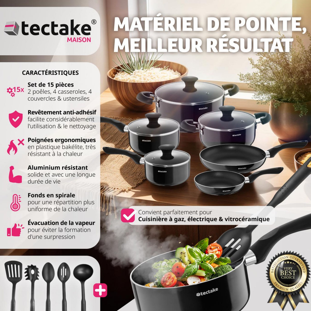 tectake Set de batterie de cuisine 15 pièces noir