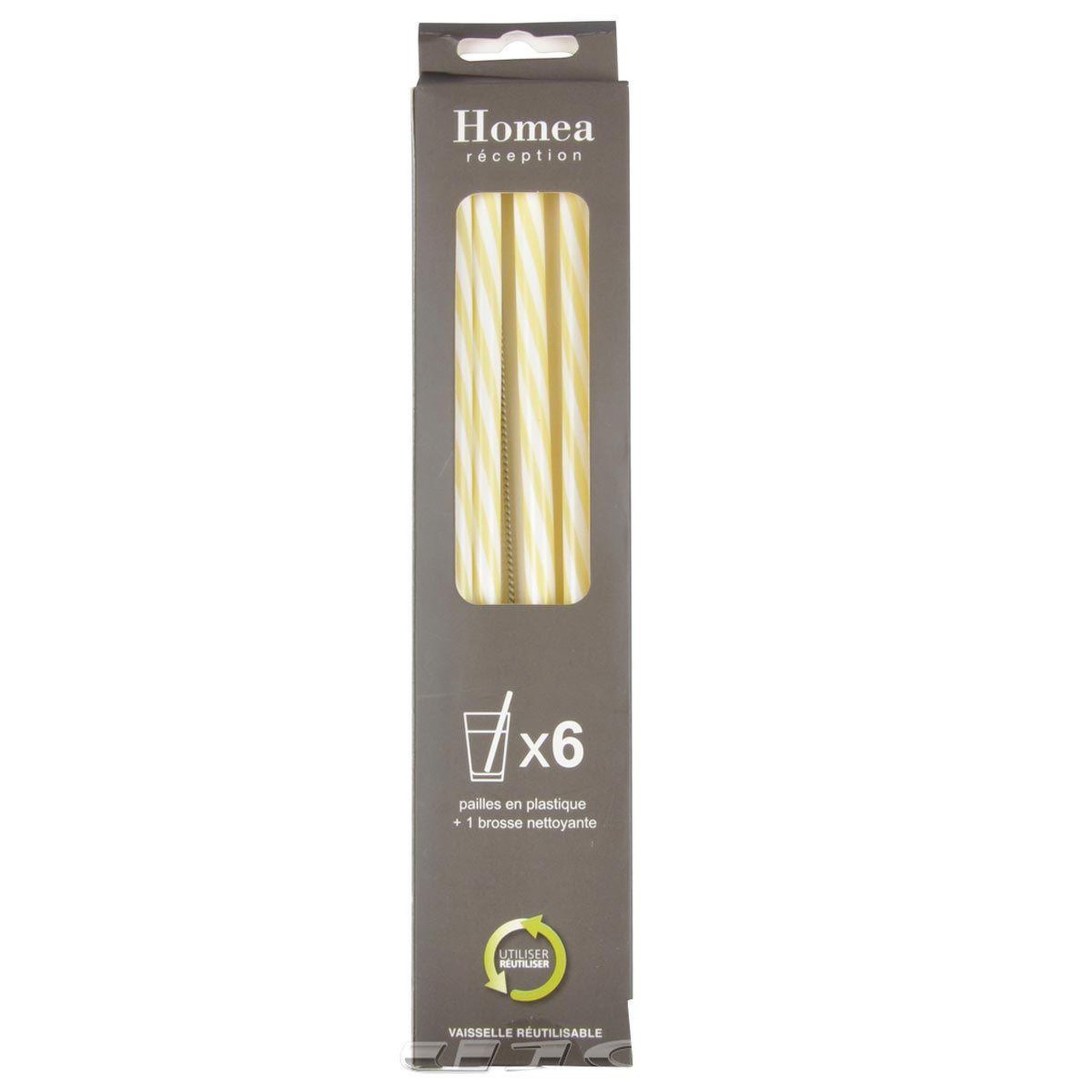 Voir la diapositive 2 : HOMEA Lot de 6 Pailles & Brosse  Réutilisables  23cm Jaune