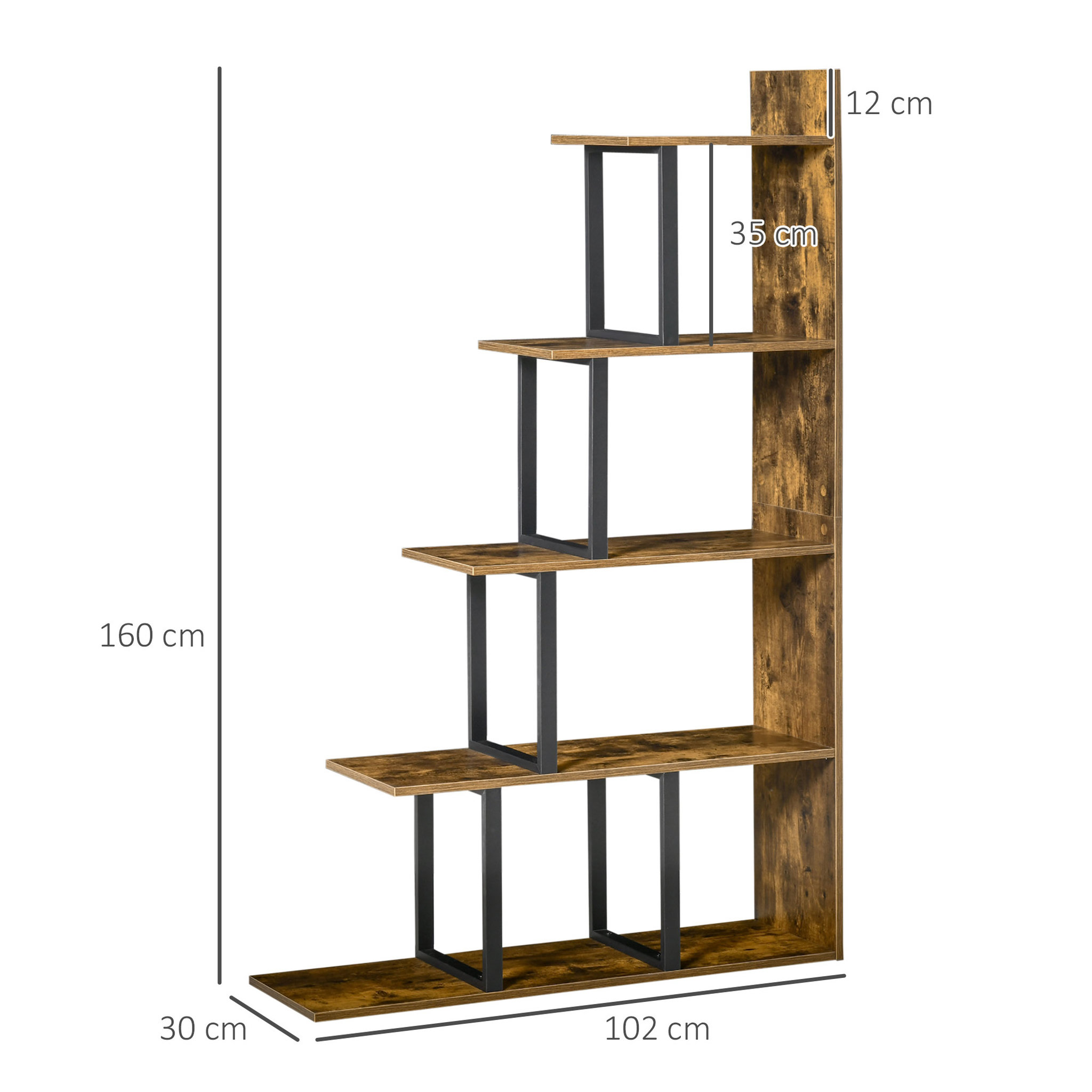Voir la diapositive 3 : HOMCOM Étagère bibliothèque séparateur de pièce style industriel en escalier 5 étagères dim. 102L x 30l x 160H cm acier noir panneaux particules aspect vieux bois chêne