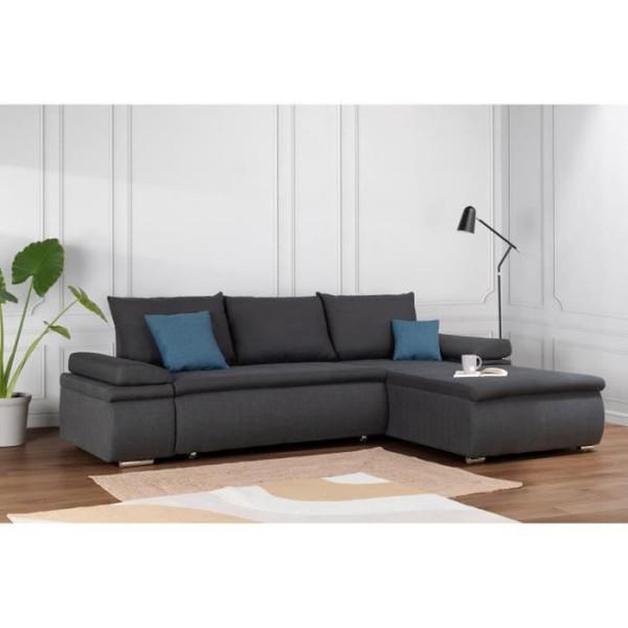Voir la diapositive 2 : MARKET24 CELINA Canapé d'angle réversible convertible 3 places + Coffre de rangement - Tissu gris - L 274 x P 184 cm