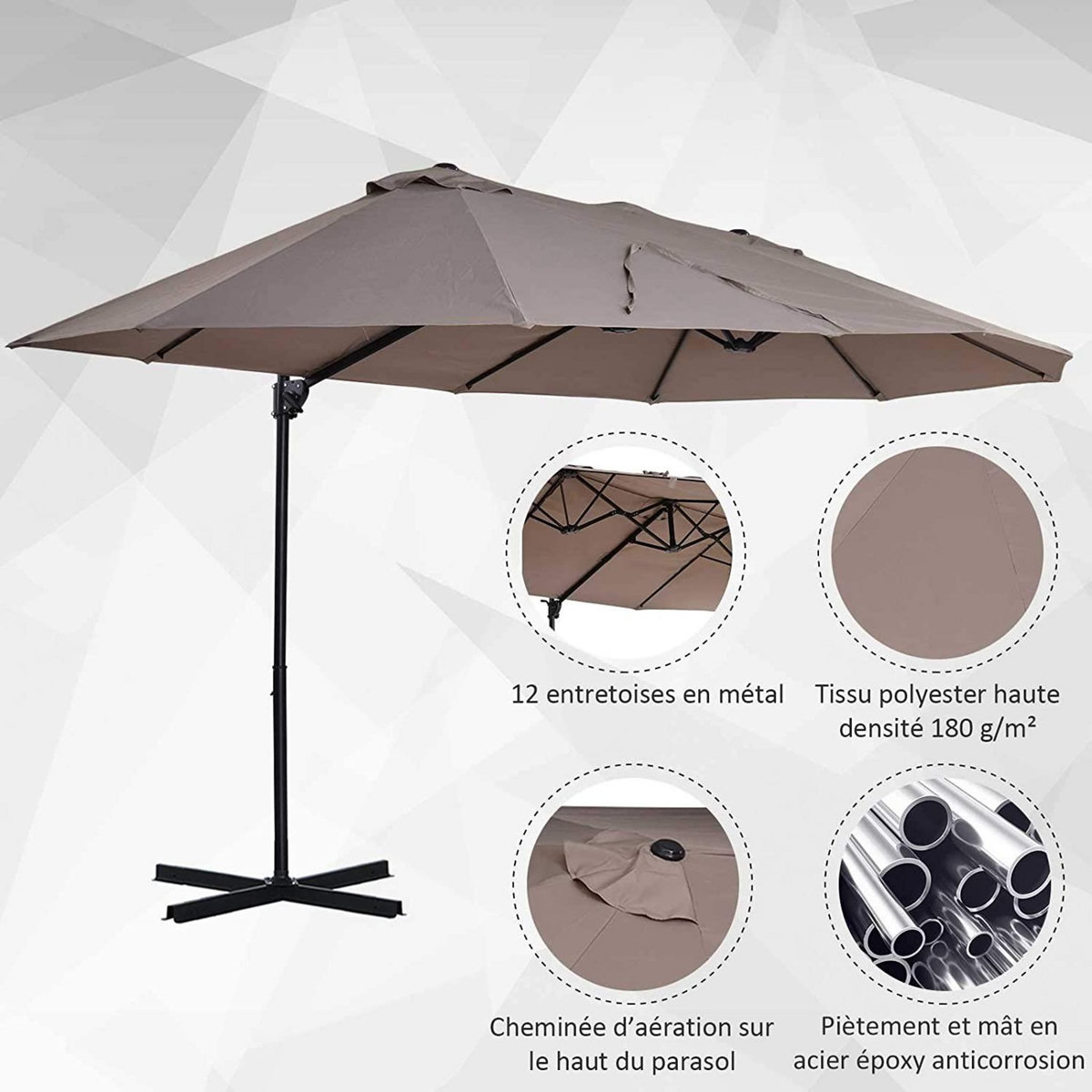 OUTSUNNY Parasol déporté grande taille XXL inclinable dim. 4,4L x 2,7l x 2,5H m piètement en acier inclus polyester marron