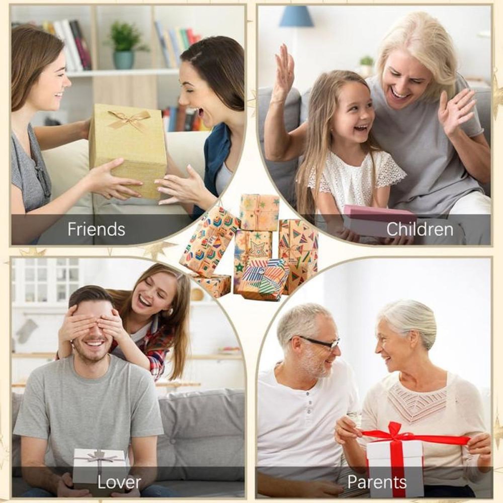 Voir la diapositive 6 : Papier cadeau en feuilles kraft 70 x 50 cm, lot de 6 avec motifs multicolores + accessoires