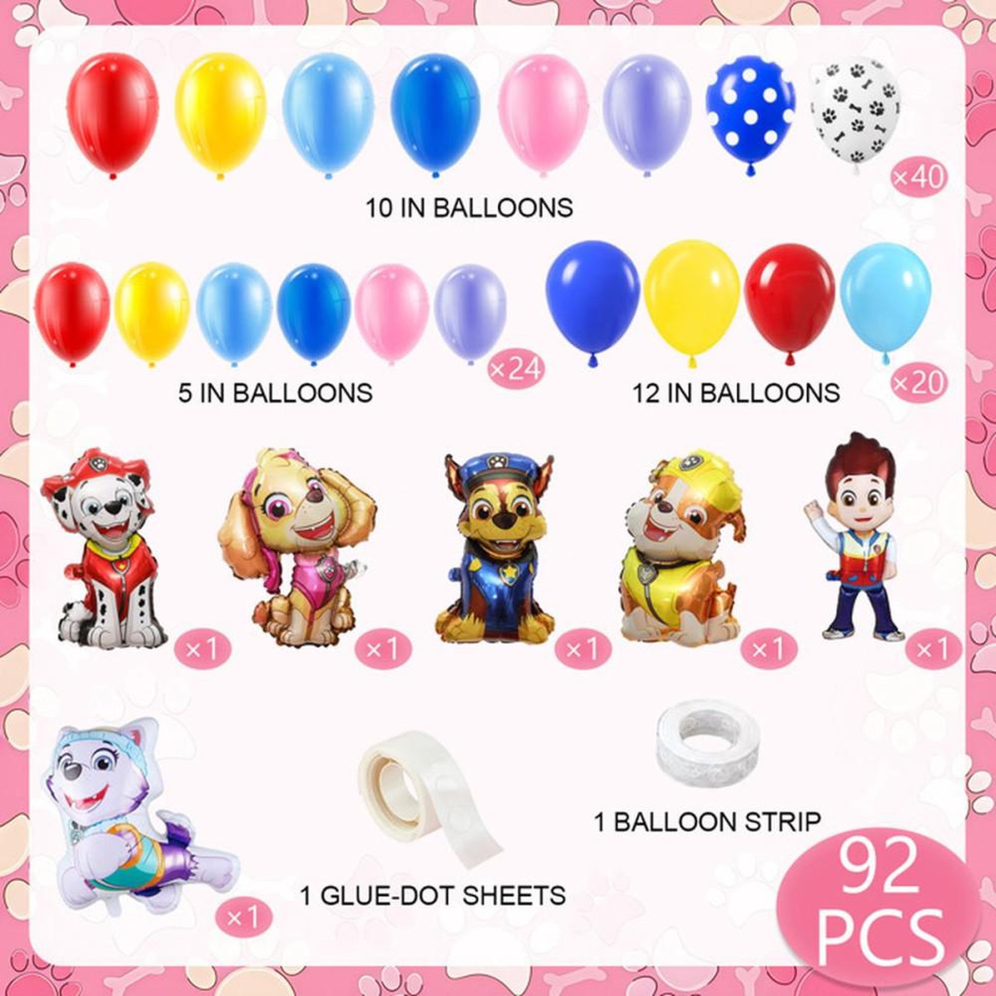 Voir la diapositive 2 : Kit décoration ballons anniversaire Paw Patrol 92 pièces avec ballons à motifs et ballons unis