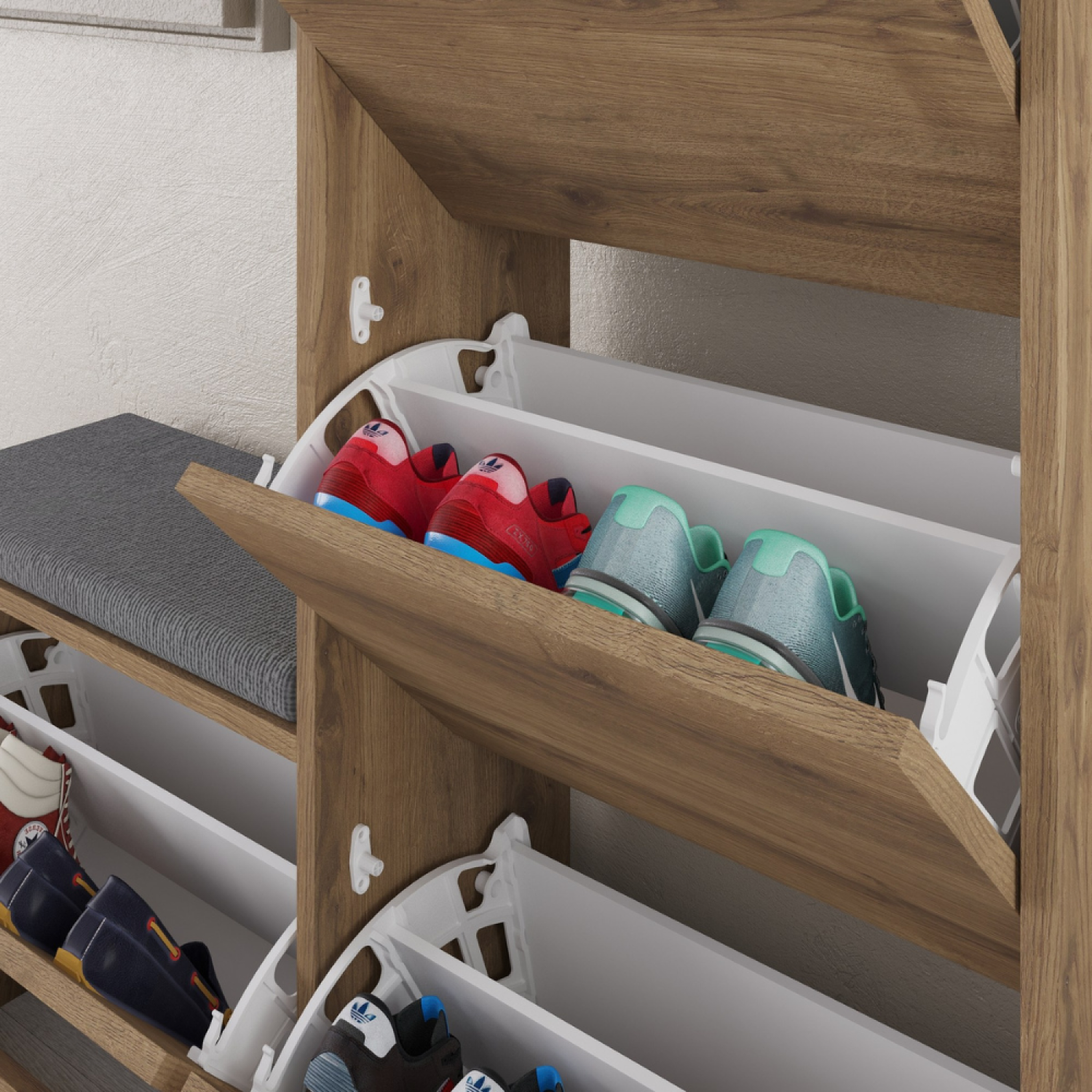 Voir la diapositive 6 : CONCEPT USINE Meuble à chaussures avec assise - 4 rangements - bois vales