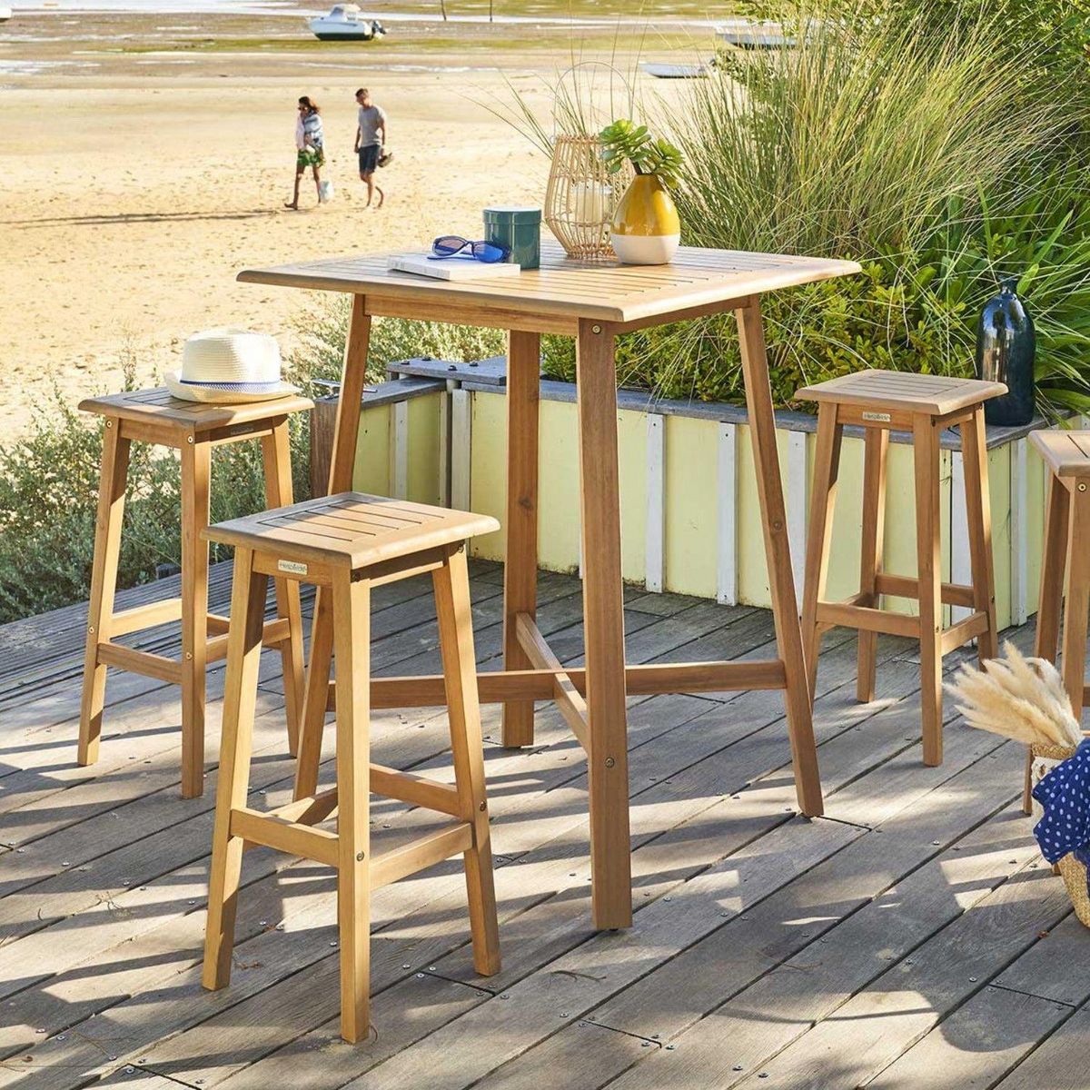 HESPERIDE Lot de 2 tabourets haut de jardin Tiwi en acacia - Beige