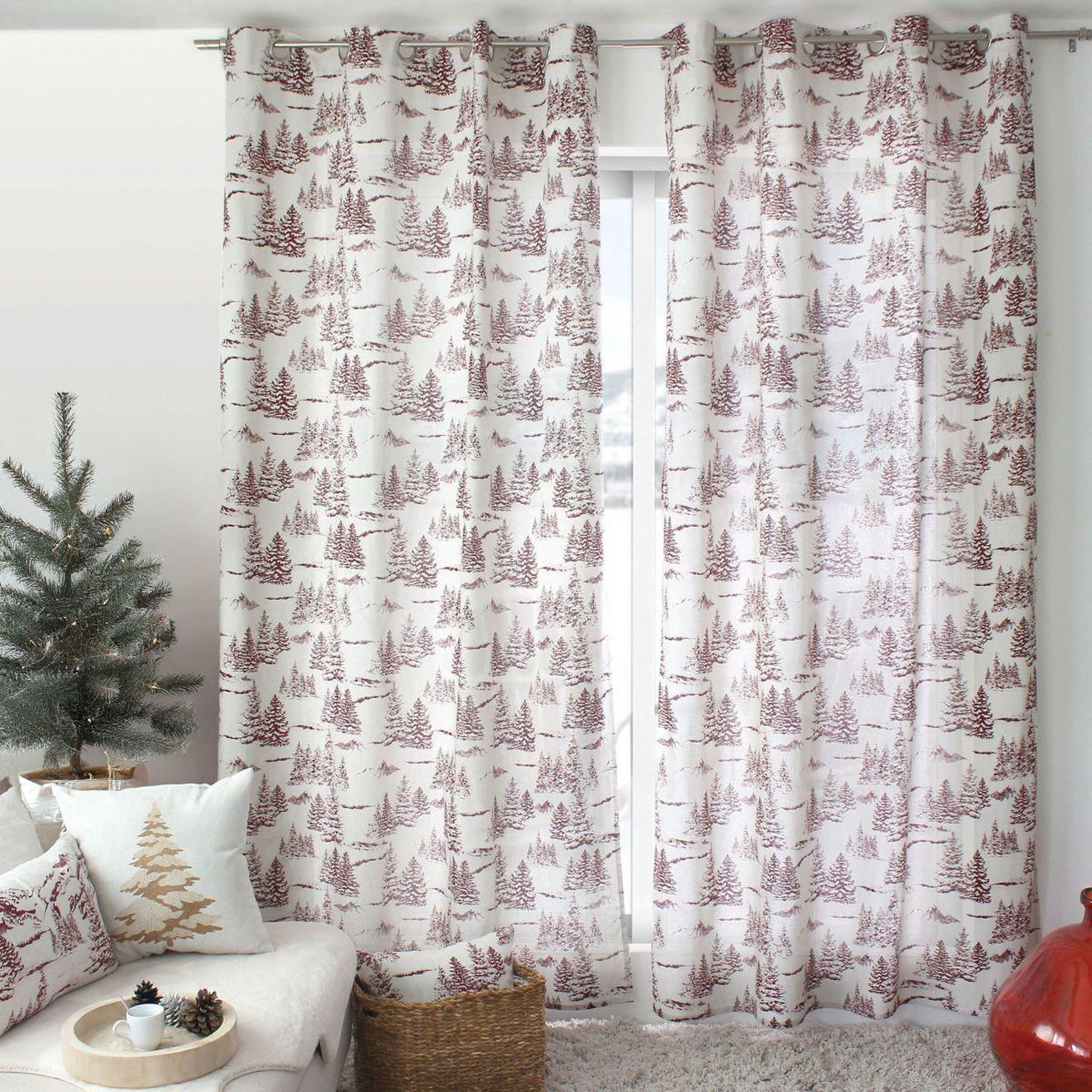 Voir la diapositive 5 : ENJOY HOME Rideau de noël à œillets  ebène  140x240cm écru & grenat