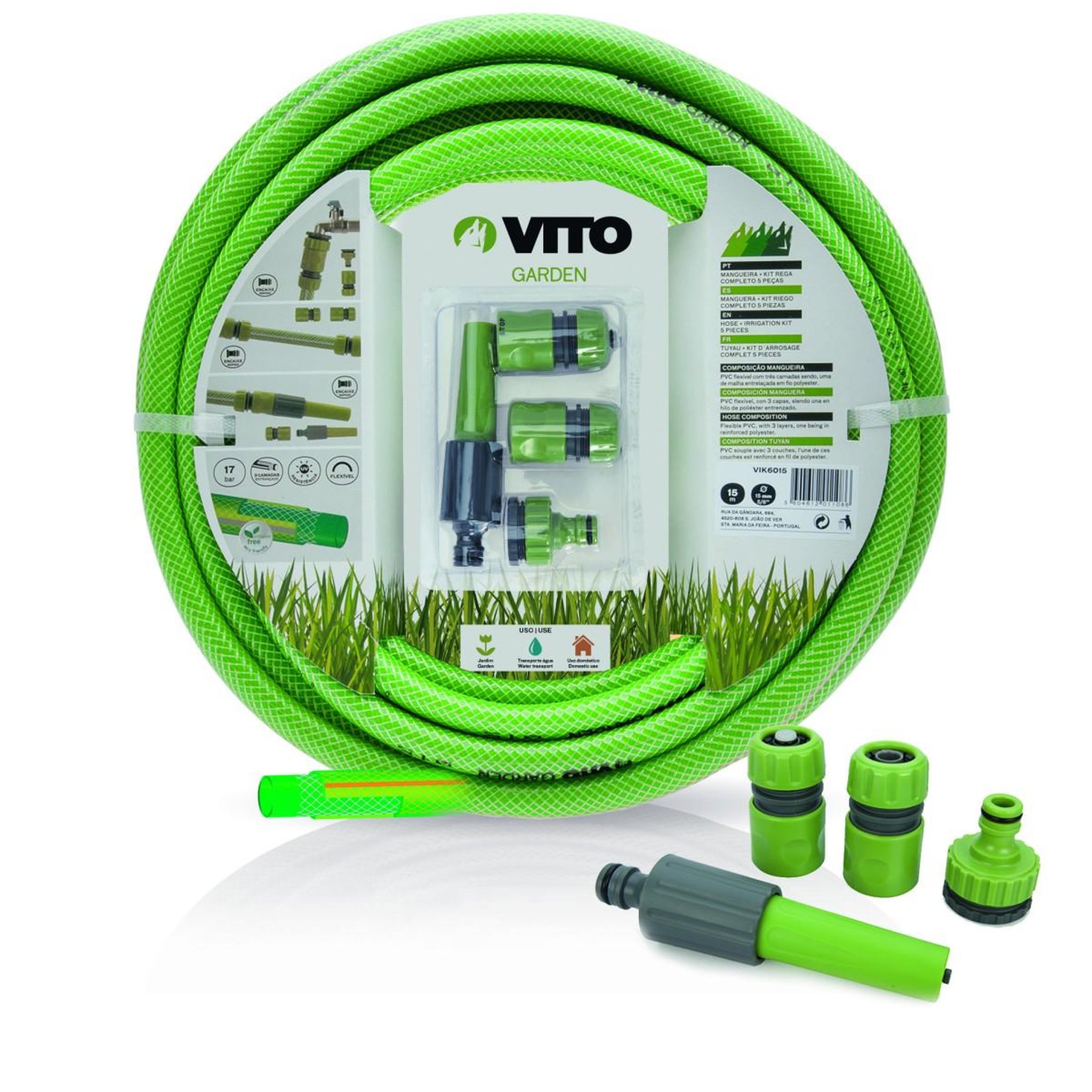 VITO Garden Tuyau d'arrosage 19mm 25m kit pvc lance multi jet+ 2 raccords + nez de robinet vito