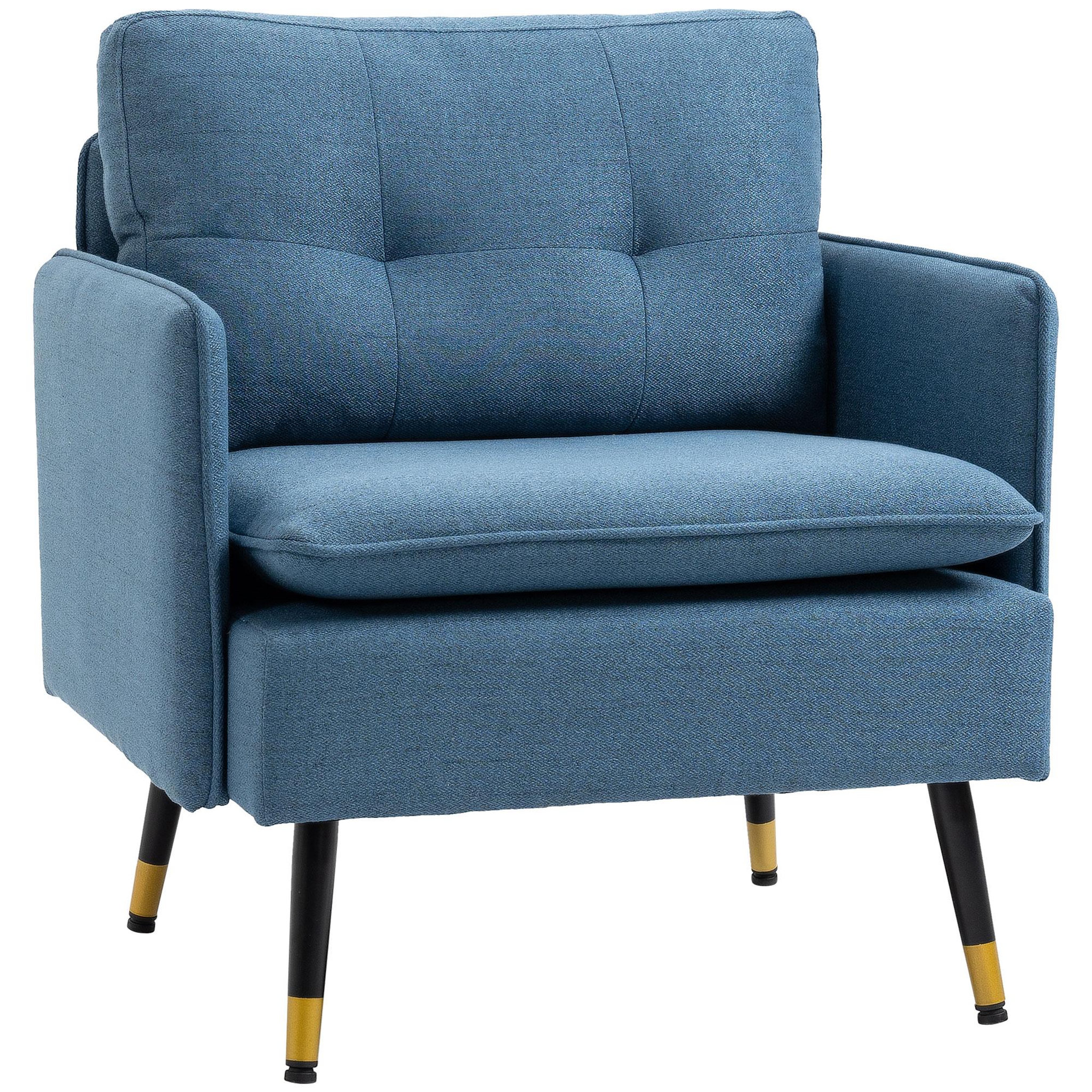 Voir la diapositive 1 : HOMCOM Fauteuil style art-déco dossier effet capitonné piètement incliné effilé métal noir extrémités dorées tissu bleu