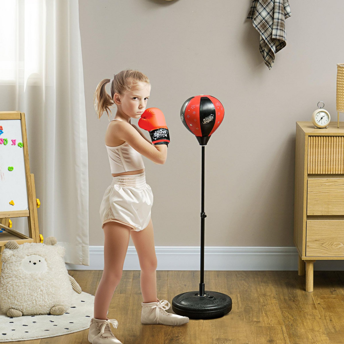 HOMCOM Punching ball enfant - sac de frappe enfant - hauteur réglable - base lestage, pompe, 2 gants inclus - rouge noir