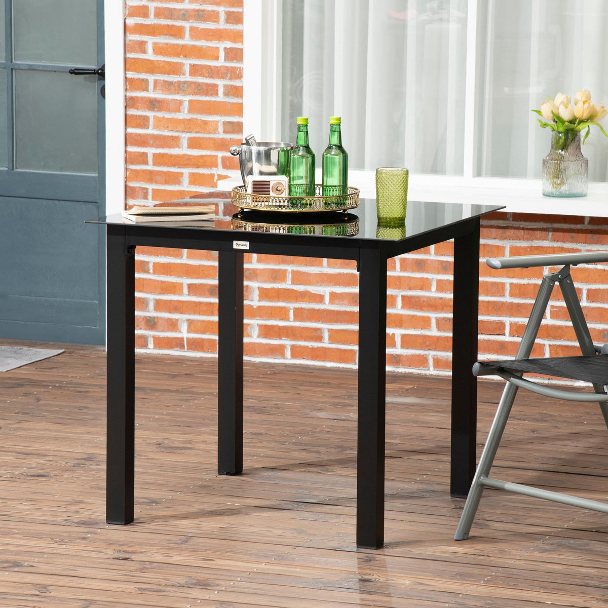 OUTSUNNY Table de jardin carrée 4 personnes dim. 80L x 80l x 74H cm alu. plateau verre trempé noir