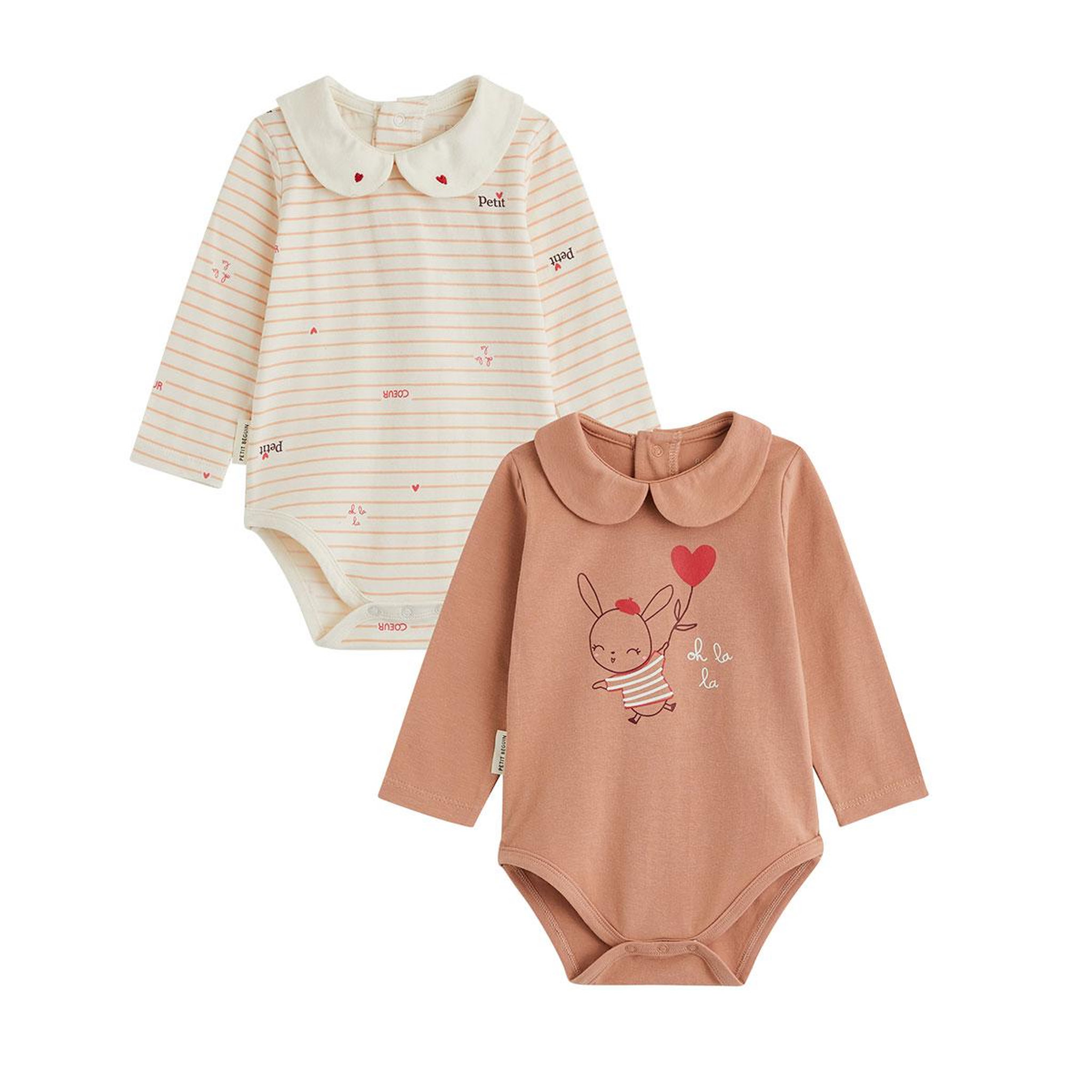 PETIT BEGUIN Lot de 2 bodies bébé manches longues aimée. Coloris disponibles : Rose