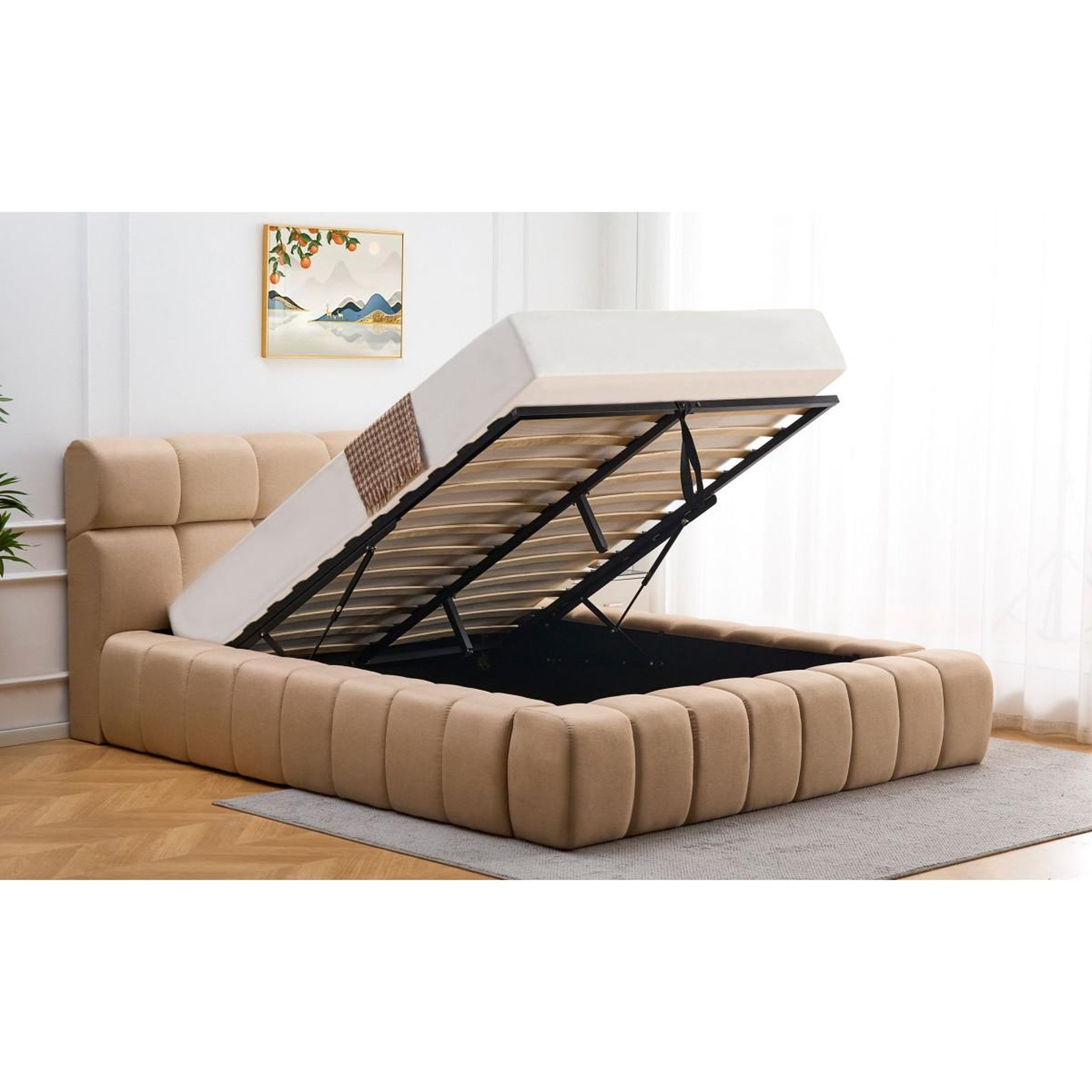 Voir la diapositive 3 : Paris Prix Lit coffre matelassé en tissu  seth  140x190cm beige