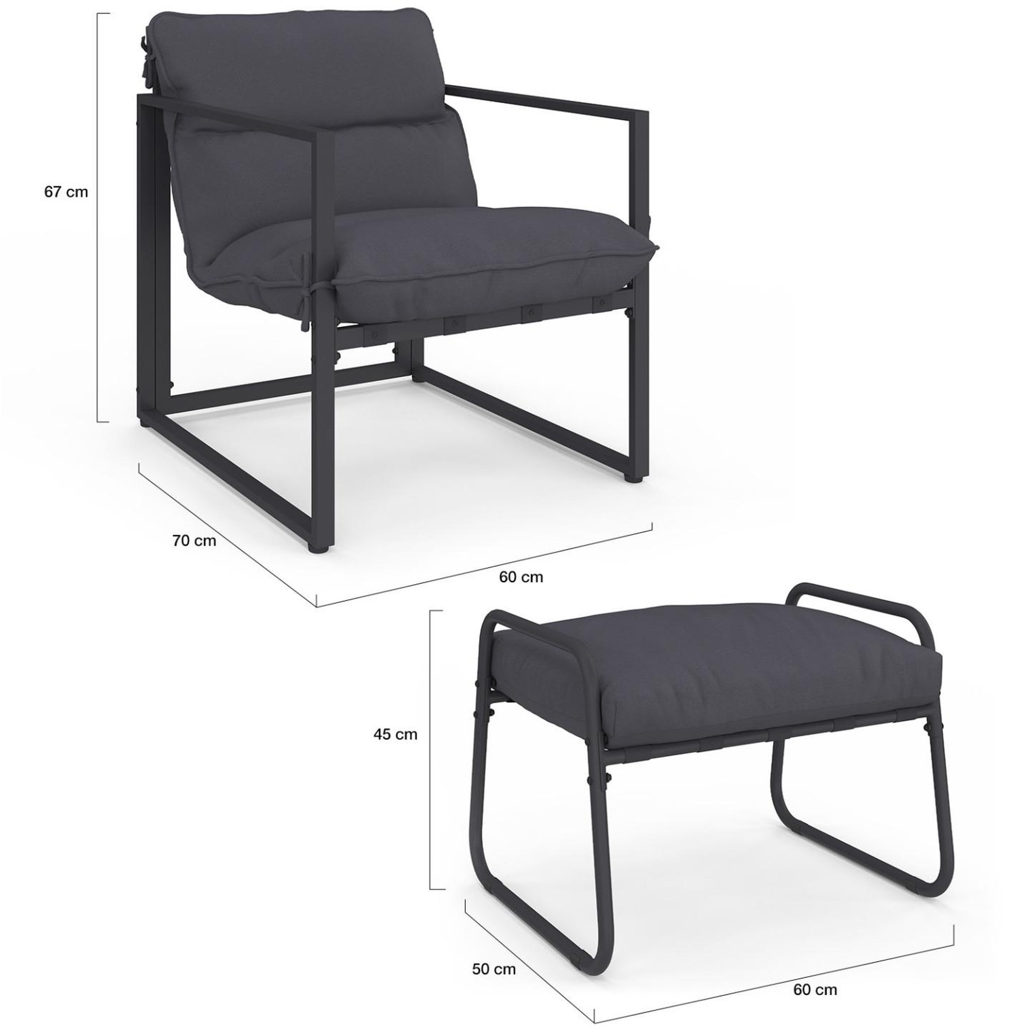 Voir la diapositive 6 : ID MARKET Lot de 2 fauteuils de jardin marco avec repose pieds gris coussin gris anthracite