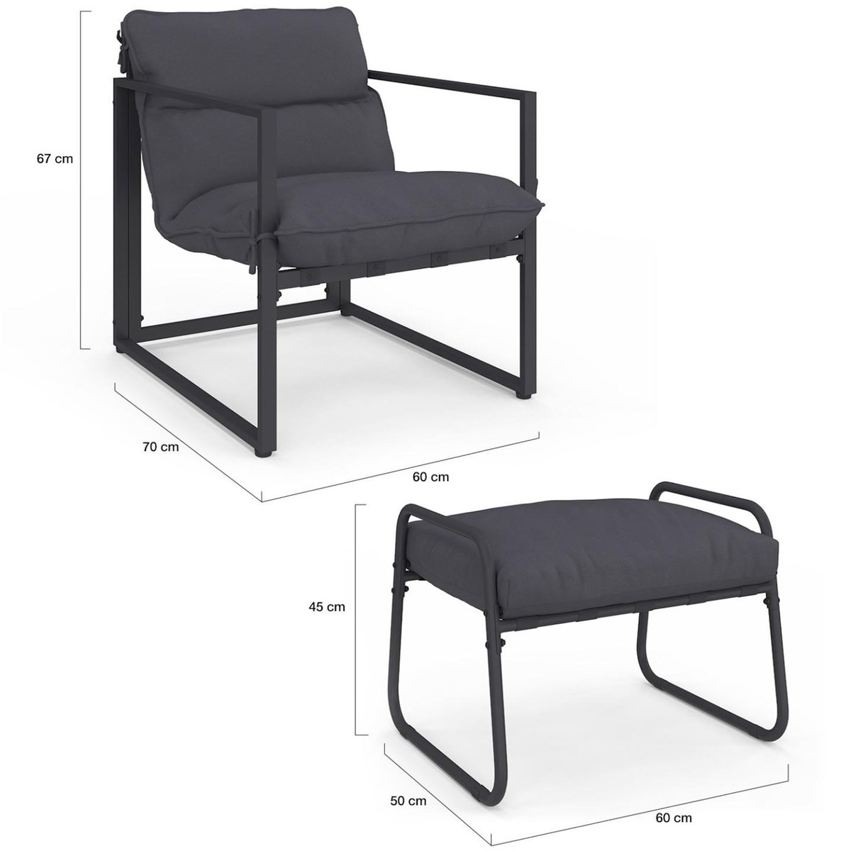 ID MARKET Lot de 2 fauteuils de jardin MARCO avec repose pieds gris coussin gris anthracite