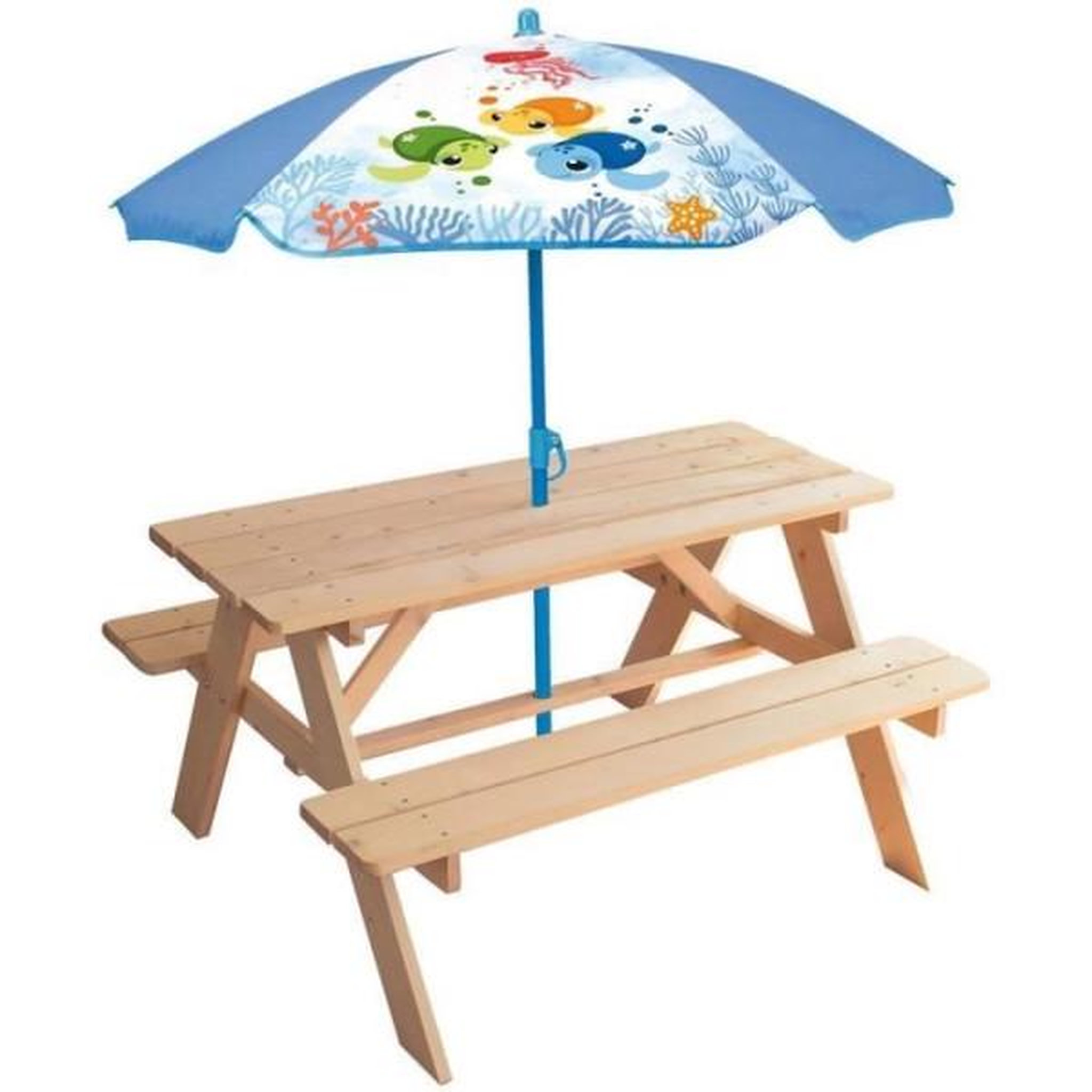 Fun House Mobilier de jardin - fun house - table pique-nique en bois ma petite carapace h.53xl.95xp.100 cm avec parasol tortue h.125x100 c