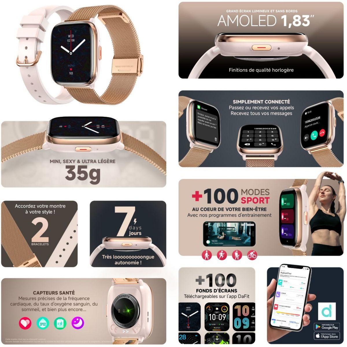 Echo Montre connectée Rainbow Nano Or Rose Silicone + Milanais