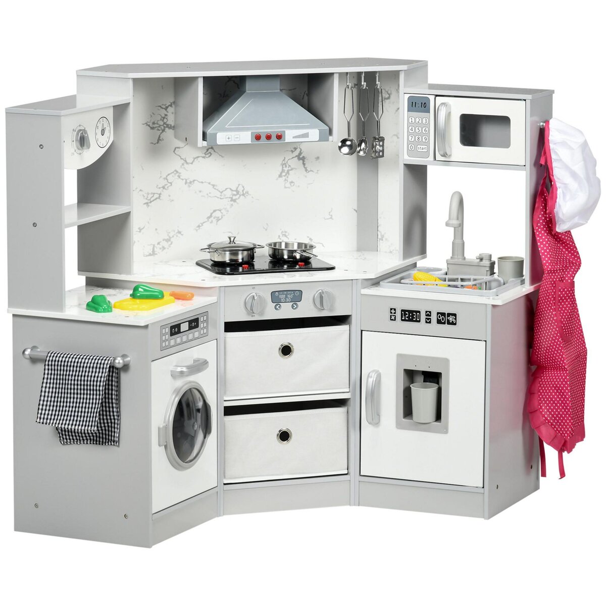 HOMCOM Cuisine pour enfant jeu d'imitation nombreux accessoires rangements  évier réfrigérateur hotte lave-linge gris blanc pas cher 
