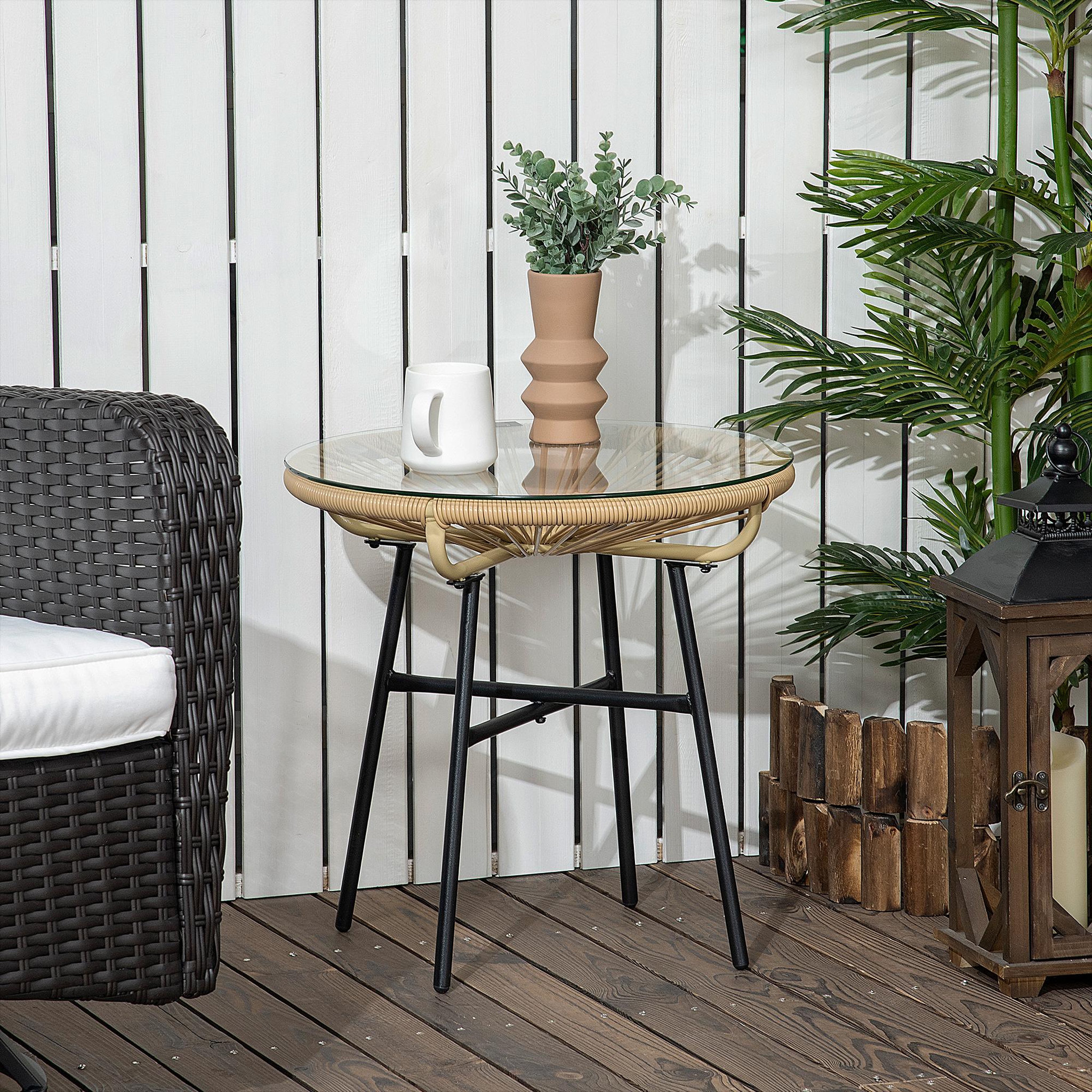 Voir la diapositive 2 : OUTSUNNY Table basse ronde de jardin en résine aspect rotin métal et plateau verre trempé Ø 50 x 50H cm beige