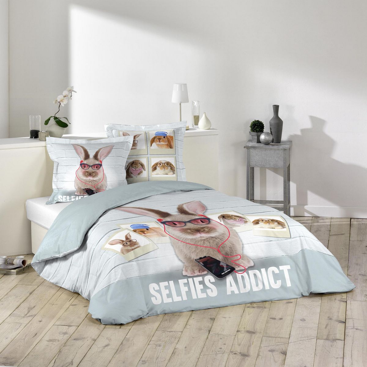 Parure housse de couette en coton imprimé lapin