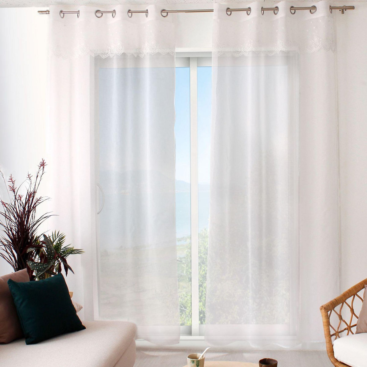 TOILINUX Voilage avec motif brodé MASSALA - 140 x 240 cm - Blanc