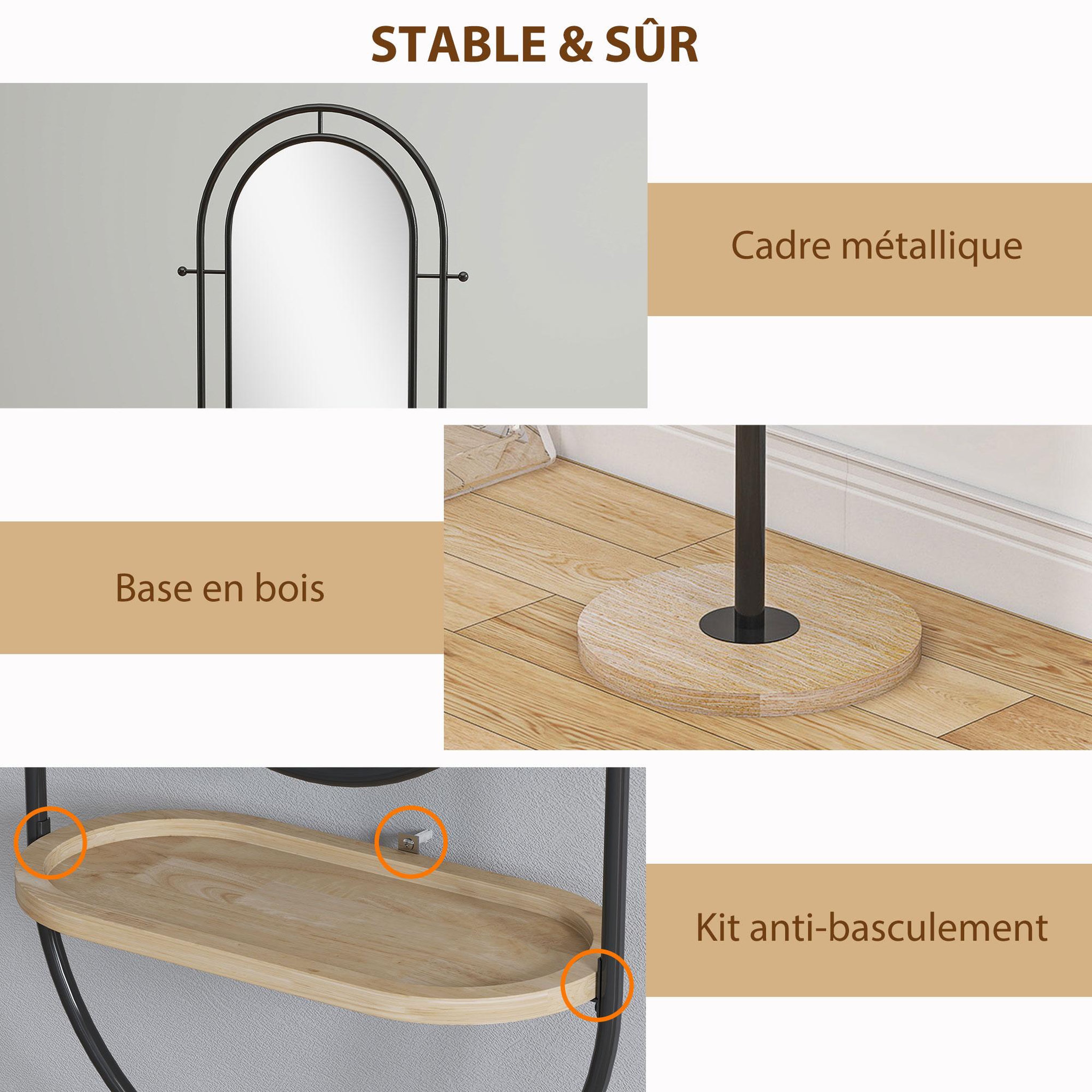 Voir la diapositive 6 : HOMCOM Miroir étagère design H.175 cm - miroir sur pied - tablette, 4 patères - métal noir bois hévéa verni naturel