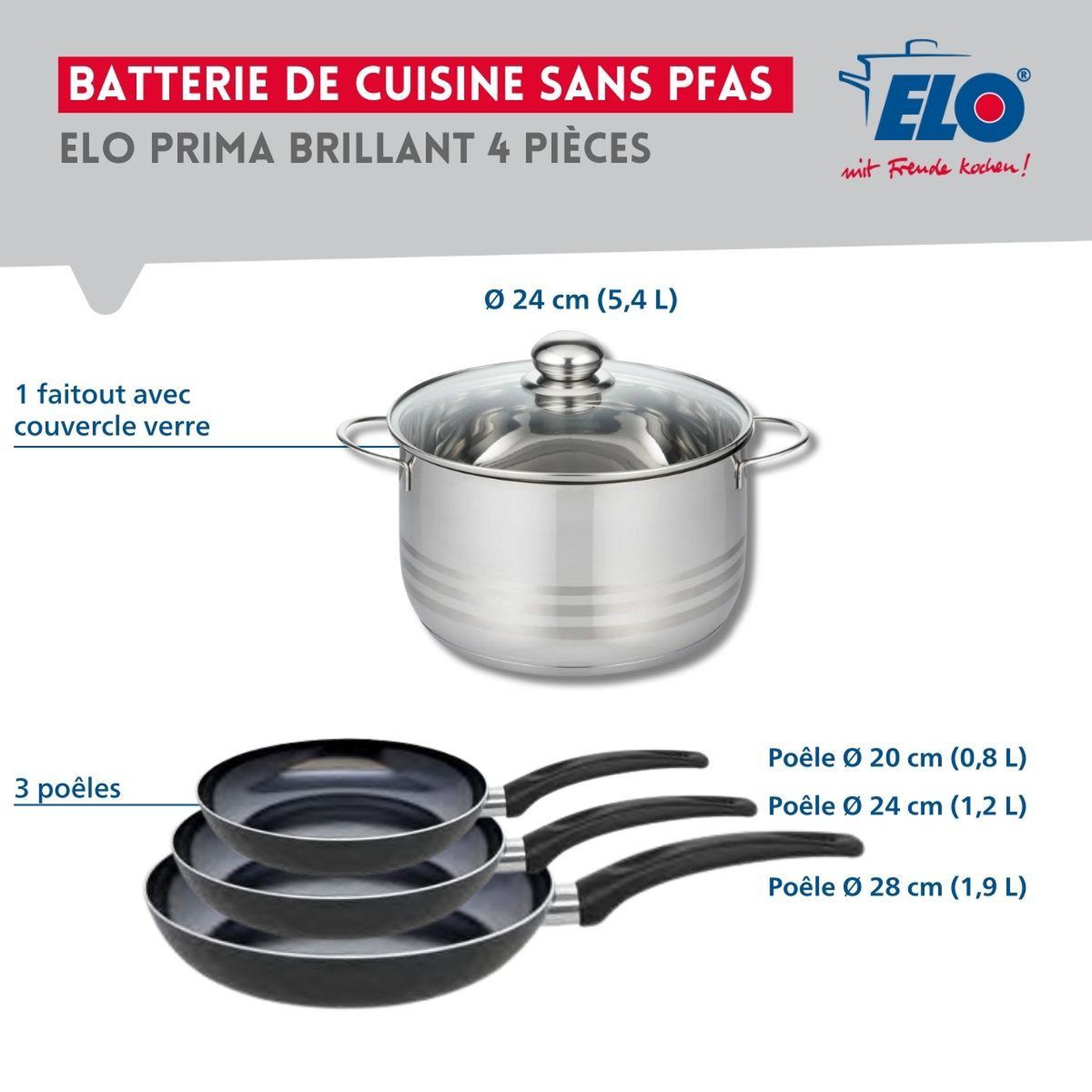 Voir la diapositive 2 : ELO Ensemble de 3 poêles de cuisson 20, 24 et 28 cm et 1 faitout 24 cm elo prima brillant