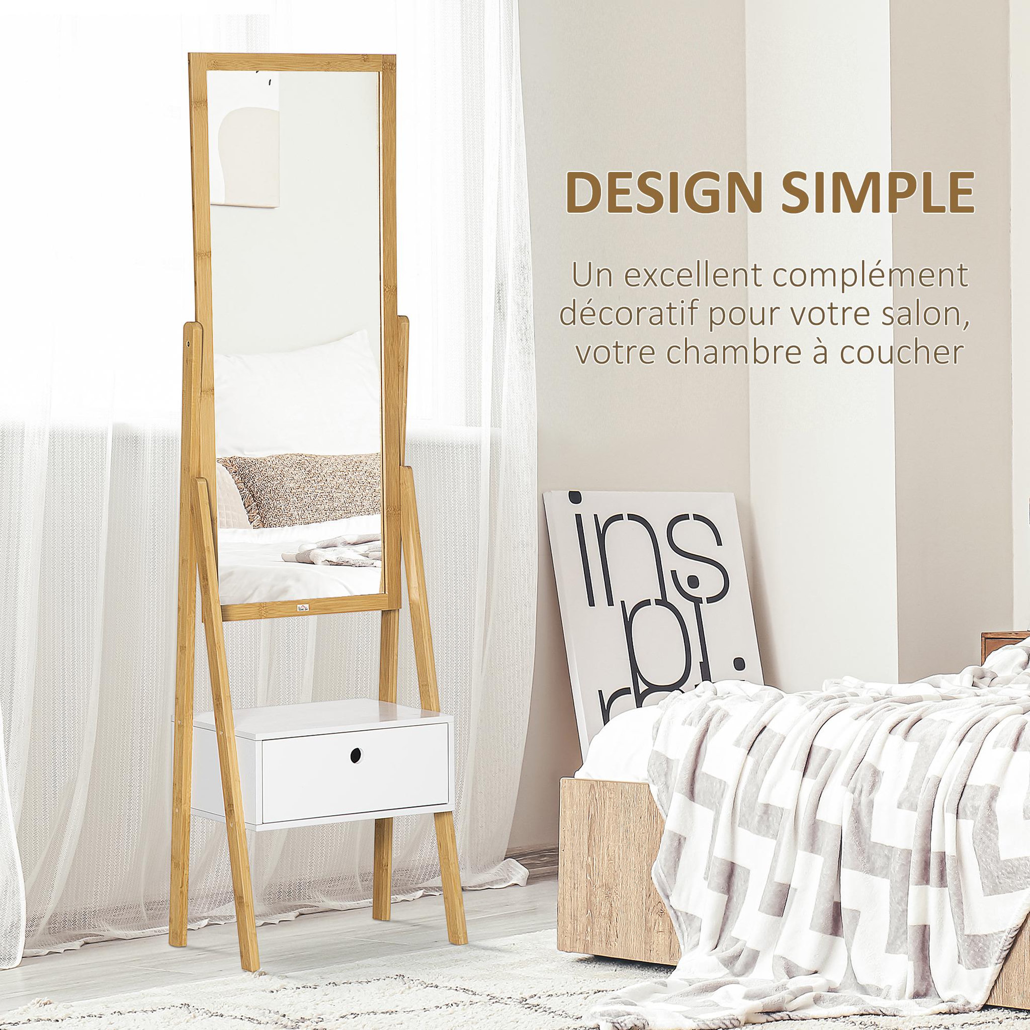 Voir la diapositive 4 : HOMCOM Miroir sur pied avec rangement tiroir en bambou et MDF - dim. 45L x 30l x 160H cm - blanc et naturel