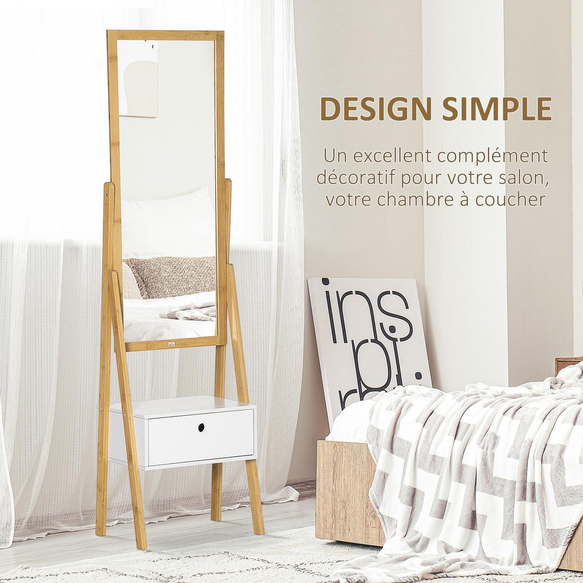 HOMCOM Miroir sur pied avec rangement tiroir en bambou et MDF - dim. 45L x 30l x 160H cm - blanc et naturel